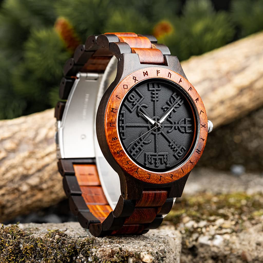 Relojes De Madera Vegvisir, Hombres Vikingos Joyería, Mito Nórdico Vintage Runas Círculo, Brújula Reloj de Madera, Hecho a Mano Grabado Caja de Madera de Regalo