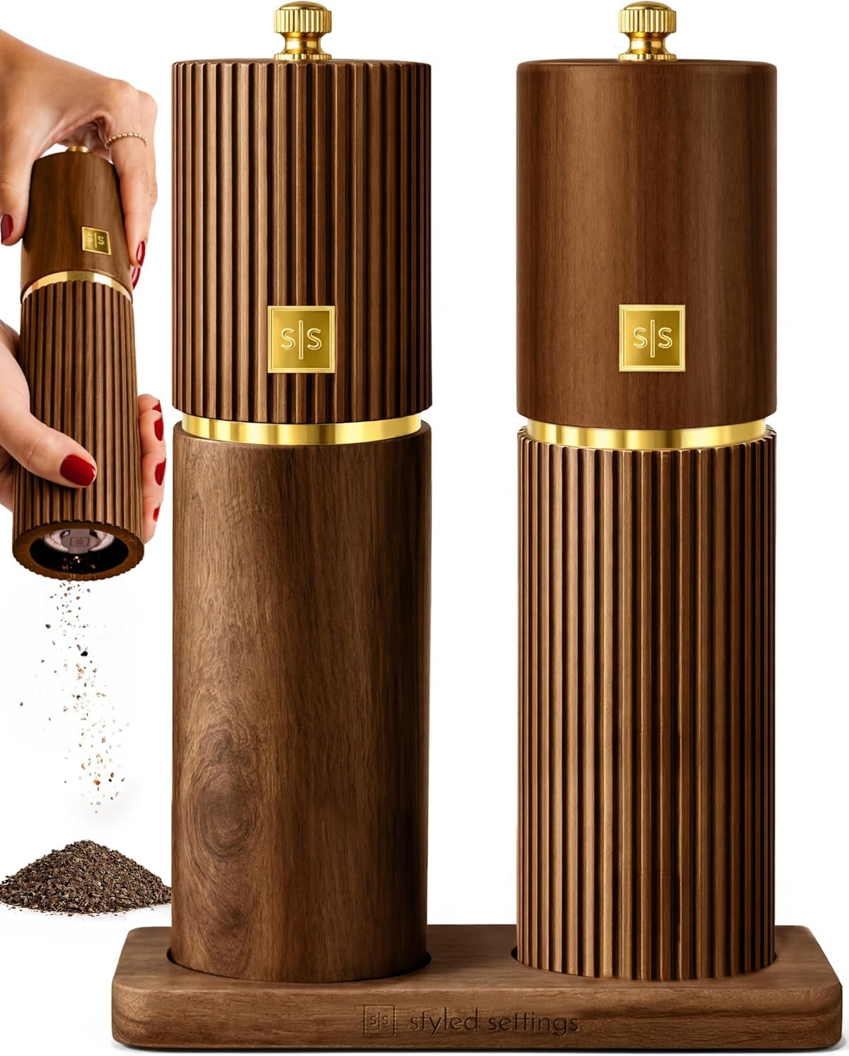 Styled Settings Wooden Salt and Pepper Grinder Set, Dark Wood