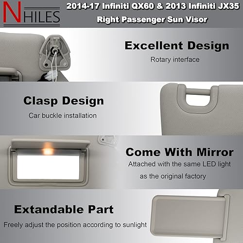 Miniatura 3 de NHILES Visera solar para pasajero derecho con lámpara y espejo para Nissan Pathfinder 2013-2020 Infiniti QX60 y 2013 Infiniti JX35, OEM 96401-9PB0A