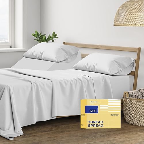Vista 289 de THREAD SPREAD Hotel Collection - Juego de sábanas de 600 hilos de algodón egipcio, satinado, 4 piezas, Blanco, King