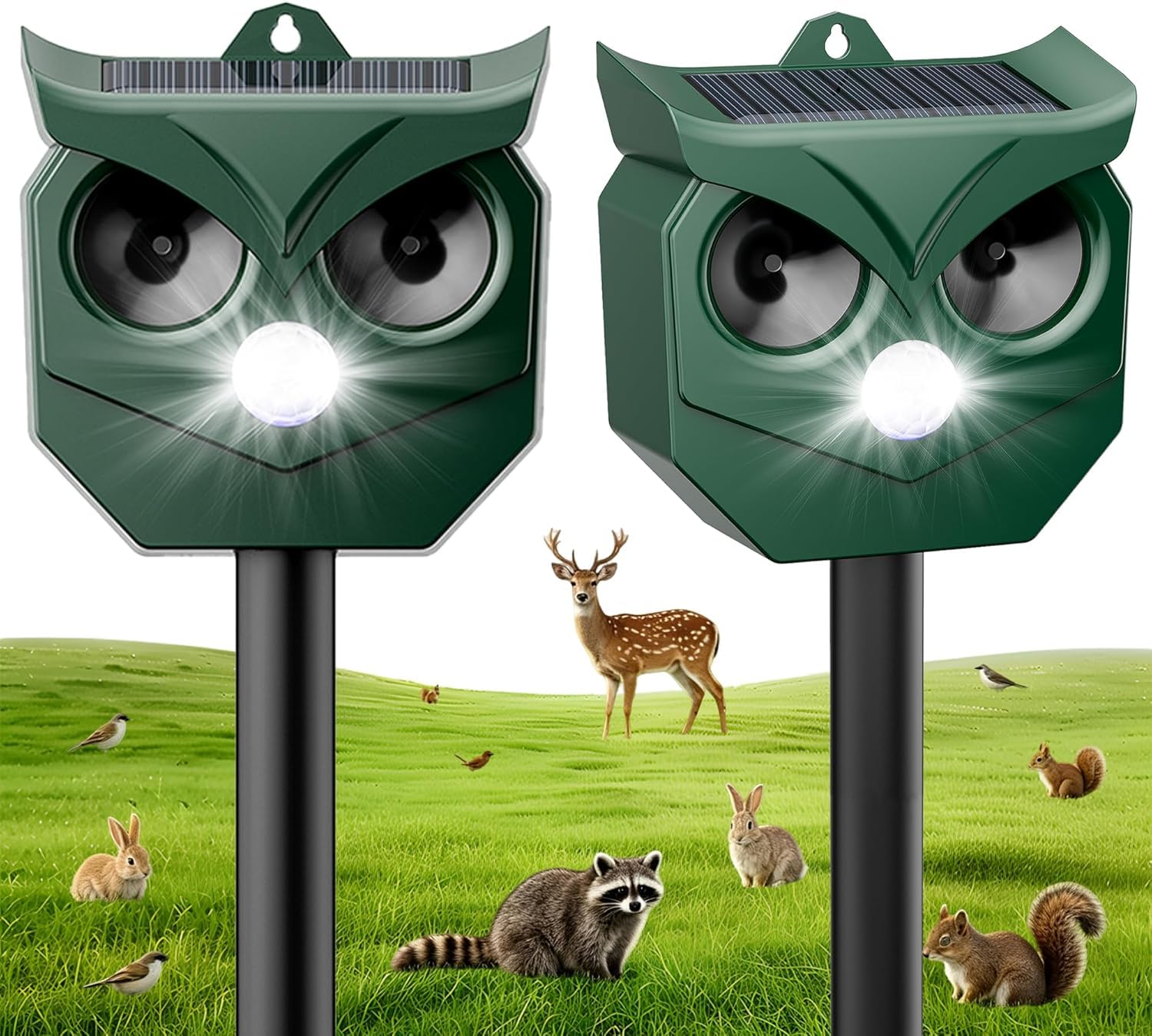 Lot de 2 répulsifs à ultrasons solaires pour animaux avec lumières LED clignotantes – dissuasif extérieur pour écureuils, cerfs, ratons laveurs, lapins, mouffettes, chiens – Protège le jardin, la cour