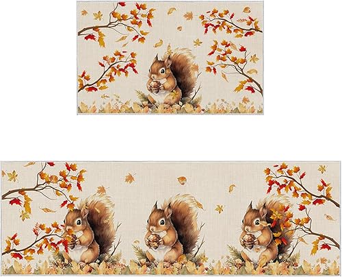 Miniatura 1 de Alfombra de camino de cocina, Acción de Gracias, ardilla, hoja de arce, árbol de hoja de arce, conos de pino vintage, antideslizante, alfombra para