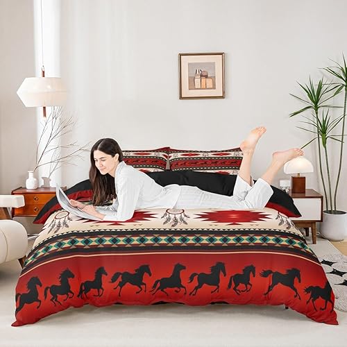Miniatura 2 de Erosebridal Juego de ropa de cama con funda de edredón de caballos atrapasueños para vaquera, vaquera, caballos aztecas nativos del suroeste, funda