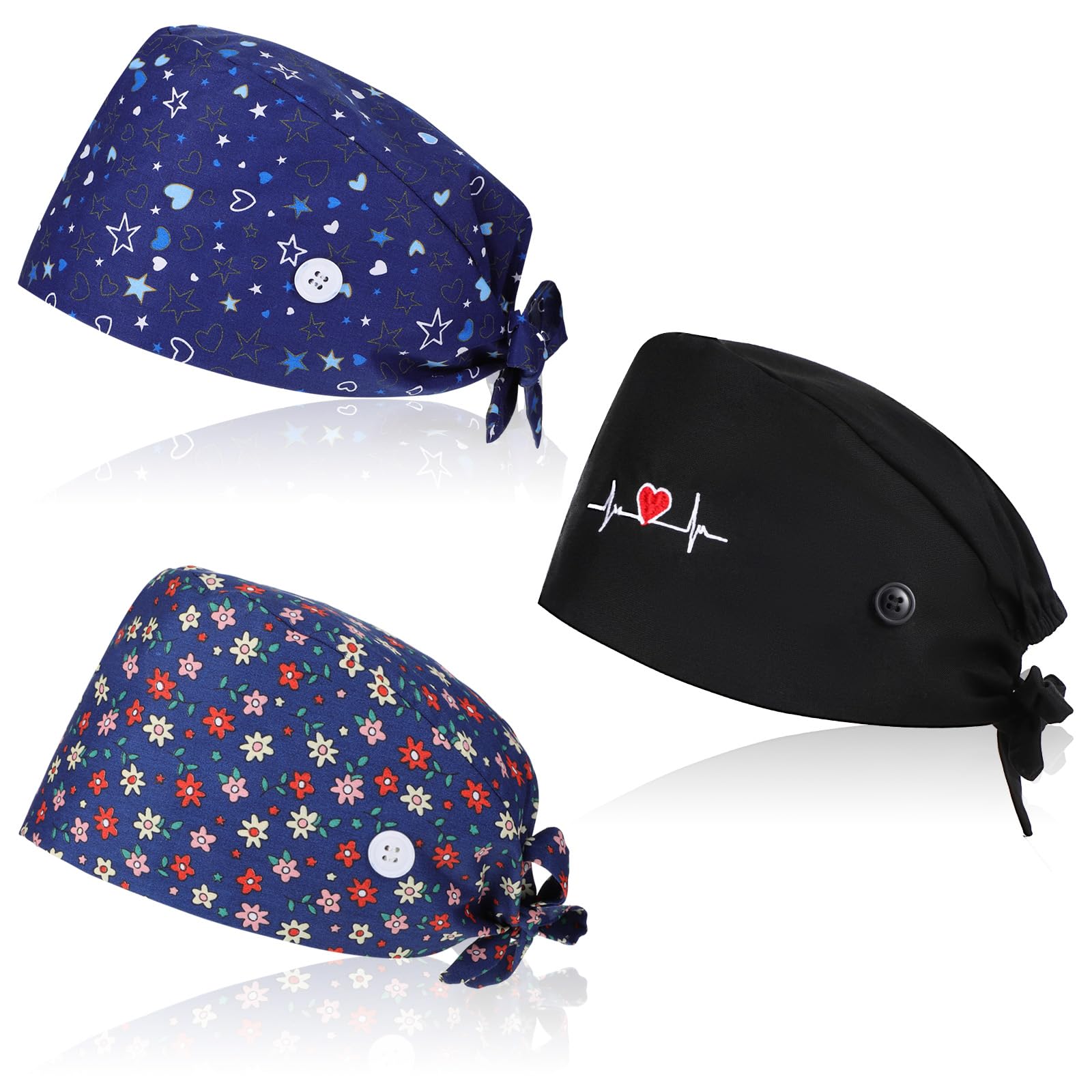 3 Pcs Working Caps Nurse Scrub Hats with Buttons Sweatband Adjustable Elastic Bandage Tie Hats for Women Men Dentist