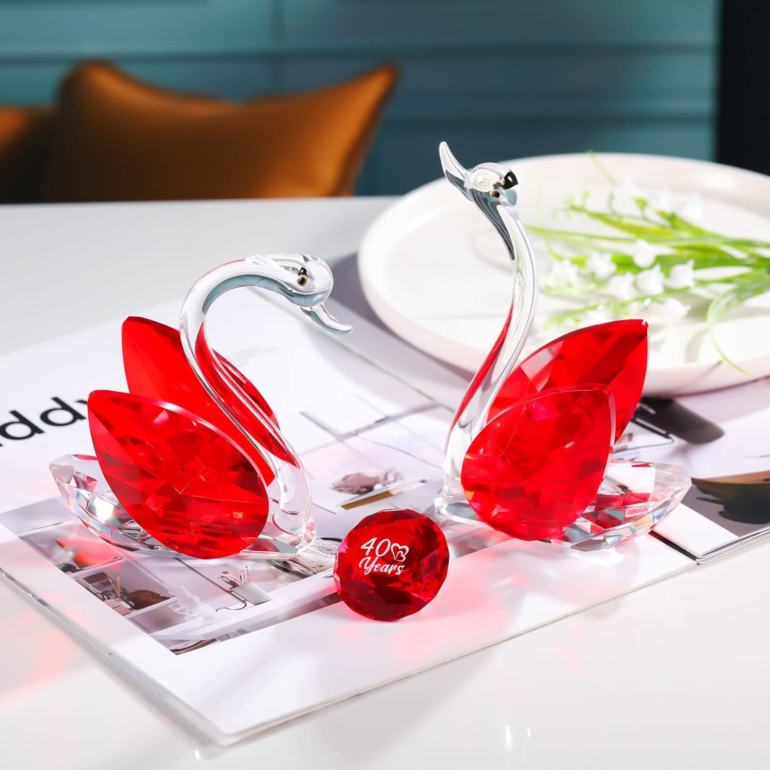 YWHL Happy 40th Anniversary Crystal Swan Gifts for Couples, 40 Years Ruby Wedding Gifts for Parents, Handmade Ruby Red Crystal Swan Collectible Figurine, Anniversary Party Decoration