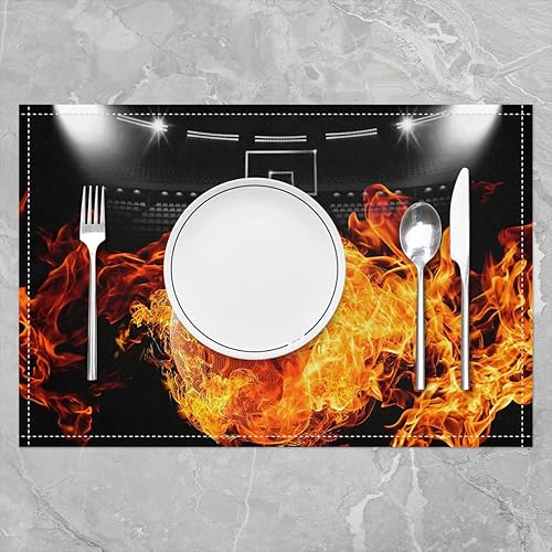 Miniatura 2 de Juego de 4 manteles individuales elegantes de baloncesto para mesa de comedor, juego de 4 manteles individuales de bola de llama, 12 x 18 pulgadas,