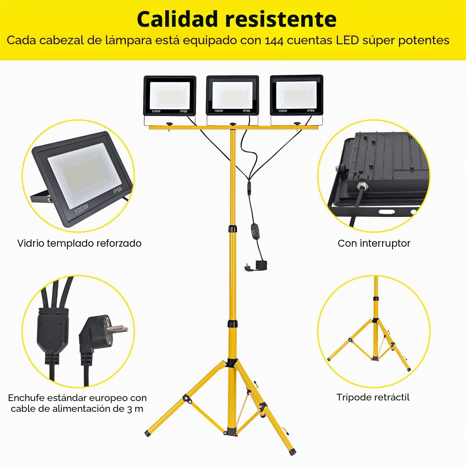 Foco de Trabajo LED 300W con Trípode Telescópico, 30000LM 6500K Foco de Trabajo LED con Enchufe Cable de 3m, Rotación de 360°, IP66 Impermeable Luz de Trabajo para Taller, Obras, Garaje