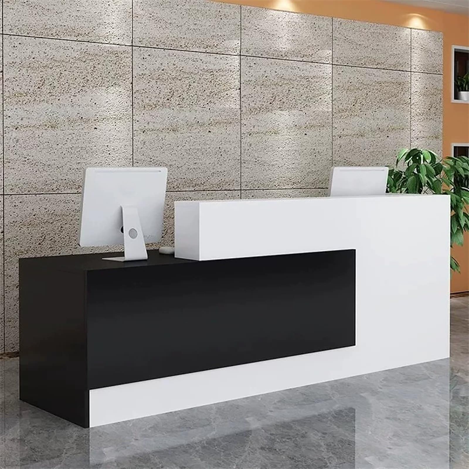 Empfangstresen für Praxis Moderne Empfangstheke aus Holz 160x60x100cm Kleinere Rezeptionstheken für Büro Boutique Spa Weiß–Schwarz–Links