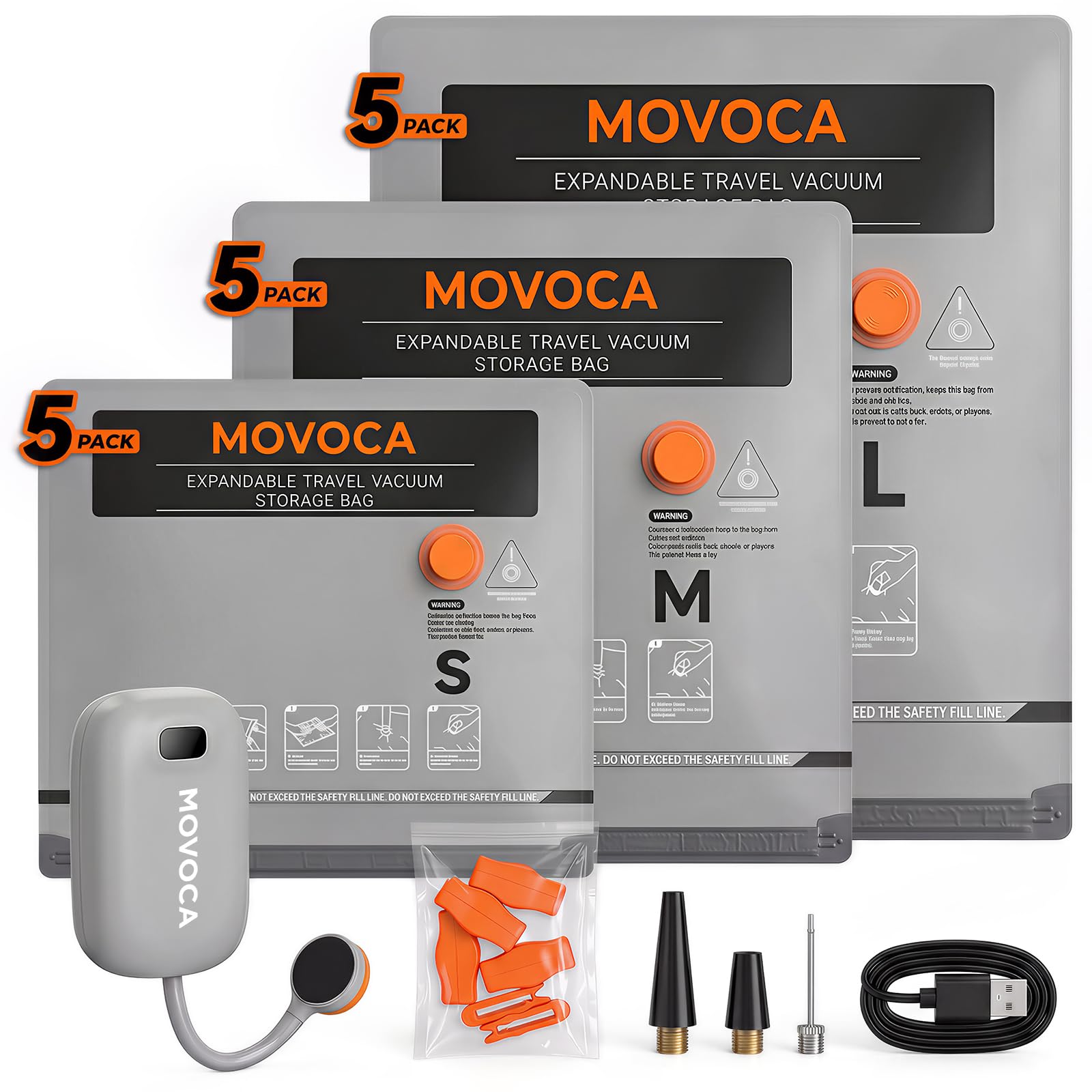MOCOVA Vakuumbeutel für Kleidung Reisen mit elektrischer Pumpe, 15 Stück, Handgepäckgröße, Kompressions-Verpackungsbeutel für Gepäck und Koffer, platzsparende Taschen für Reisen und Zuhause