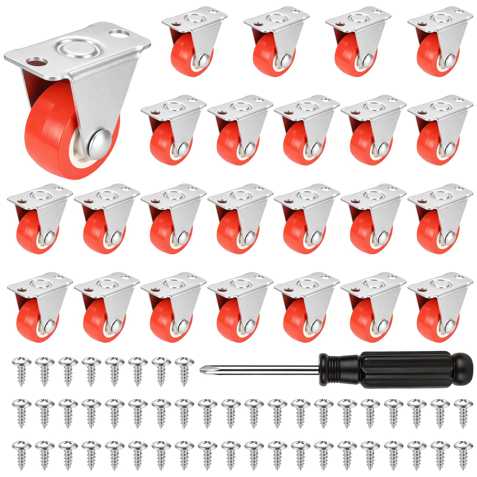 Biekezi 24 Pcs Small Fixed Caster Wheels 25mm Red, Mini Furniture Castors with Rubber Wheels, Heavy Duty Low Profile Metal Plate Casters for Cabinet, Shelves, Trolley, Workbench, Furniture