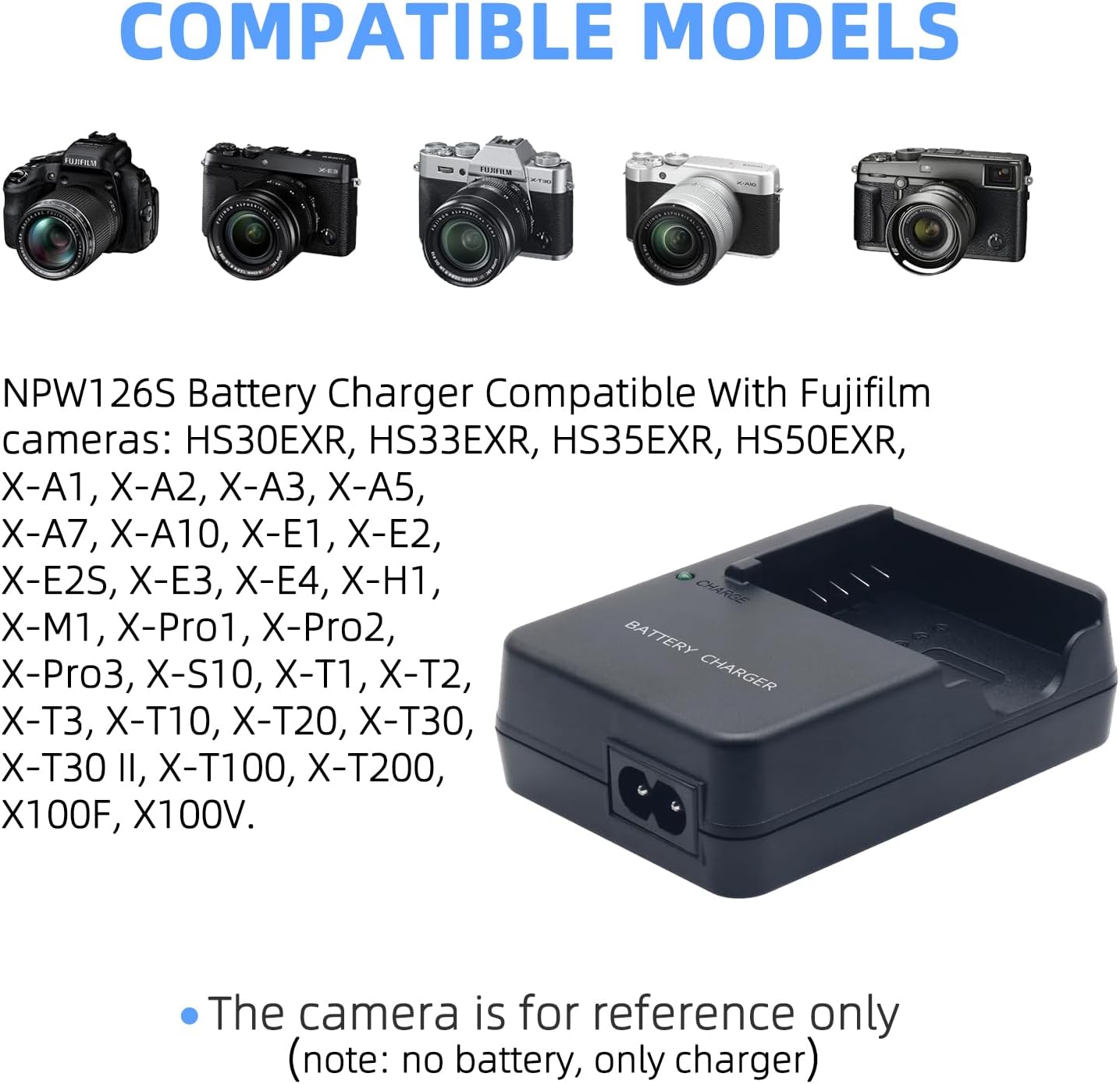 NP-W126 BC-W126 Battery Charger Compatible with Fujifilm NP-W126s X100f X-A1 X-A2 X-A3 X-A5 X-A7 X-A10 X-A20 X-E1 X-E2 X-E2S X-E3 X-Pro1X-Pro2 X-T1 X-T2 X-T10 X-T20 X-T100 X-M1 FinePix HS30EXR | Compatible with X100F, X-A7, X-E3, X-Pro2, X-T100, X-T20, X-T10, X-T2, X-T1 and more Fujifilm cameras