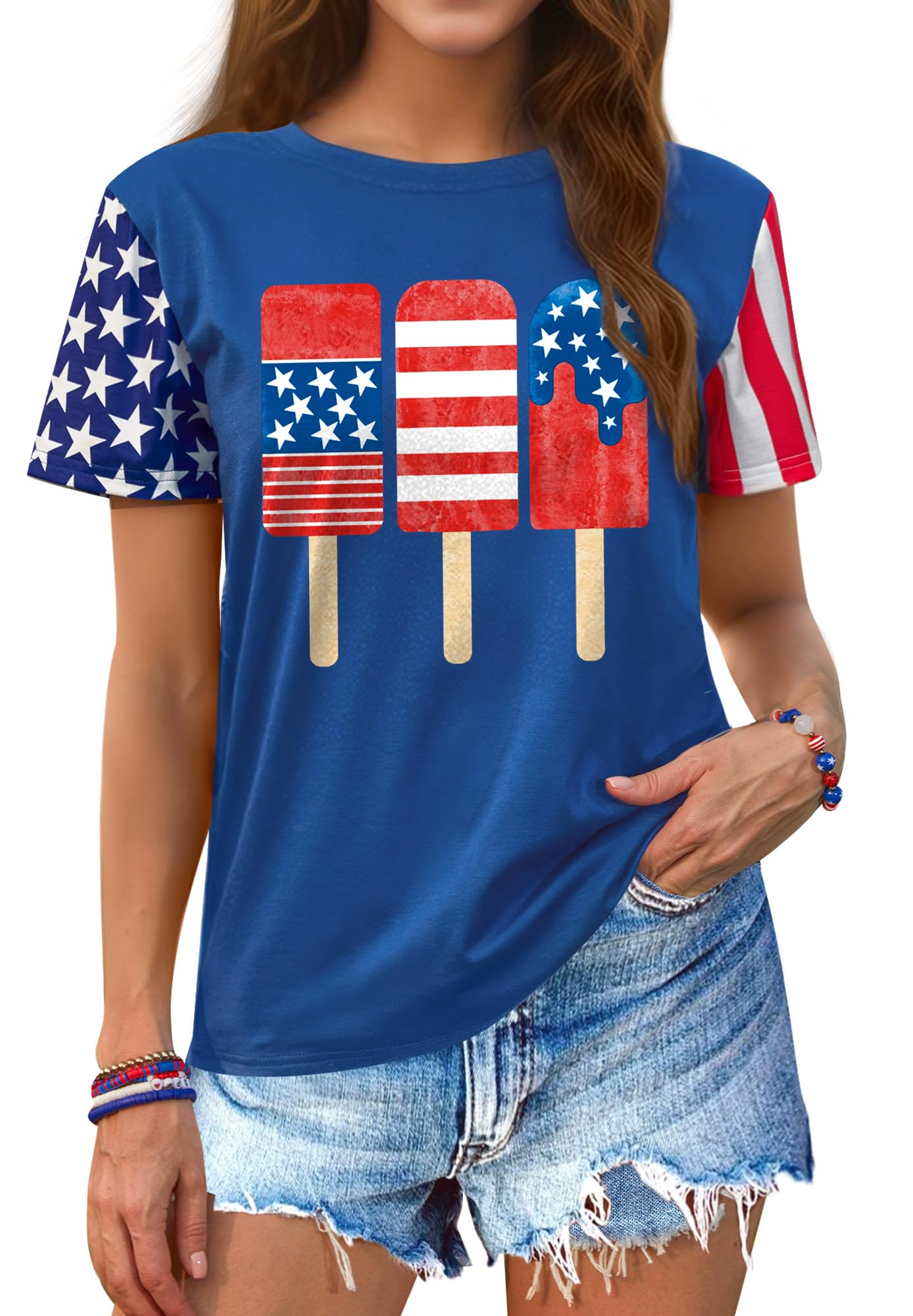 For G and PL 4th of July Shirt Women American Flag Short Sleeve USA Stars Stripes Patriotic Tee Tops