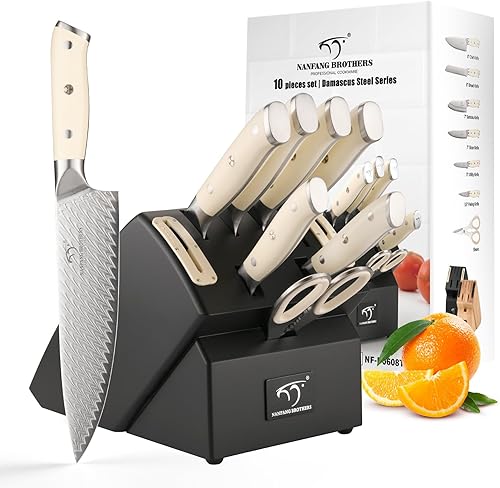 Miniatura 4 de NANFANG BROTHERS Juego de 10 cuchillos para cocina con bloque, juego de cuchillos de cocina de Damasco con bloque, mango ergonómico ABS para juego