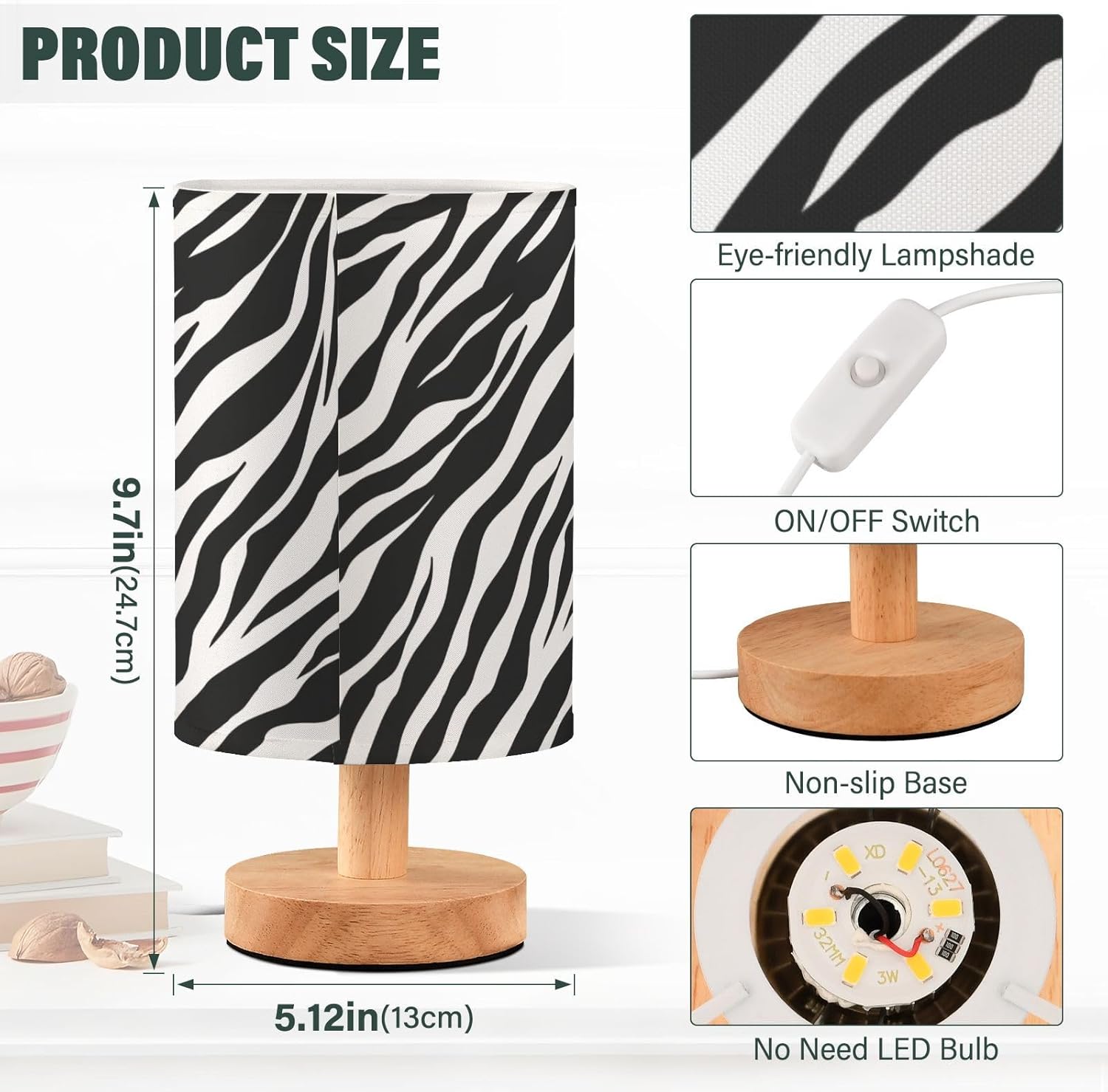 Bedside Table Lamp Zebra Animal Print Nightstand Lamp with Wood Black White Stripe Desk Lamps for Bedroom Living Room Nursery Office Home Decor