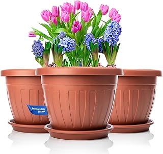 BigDean 3X Blumentopf mit Untersetzer rund ø33xH25 cm Terracotta - wetterfester Pflanzkübel - Wasserablauf UV-beständig au...