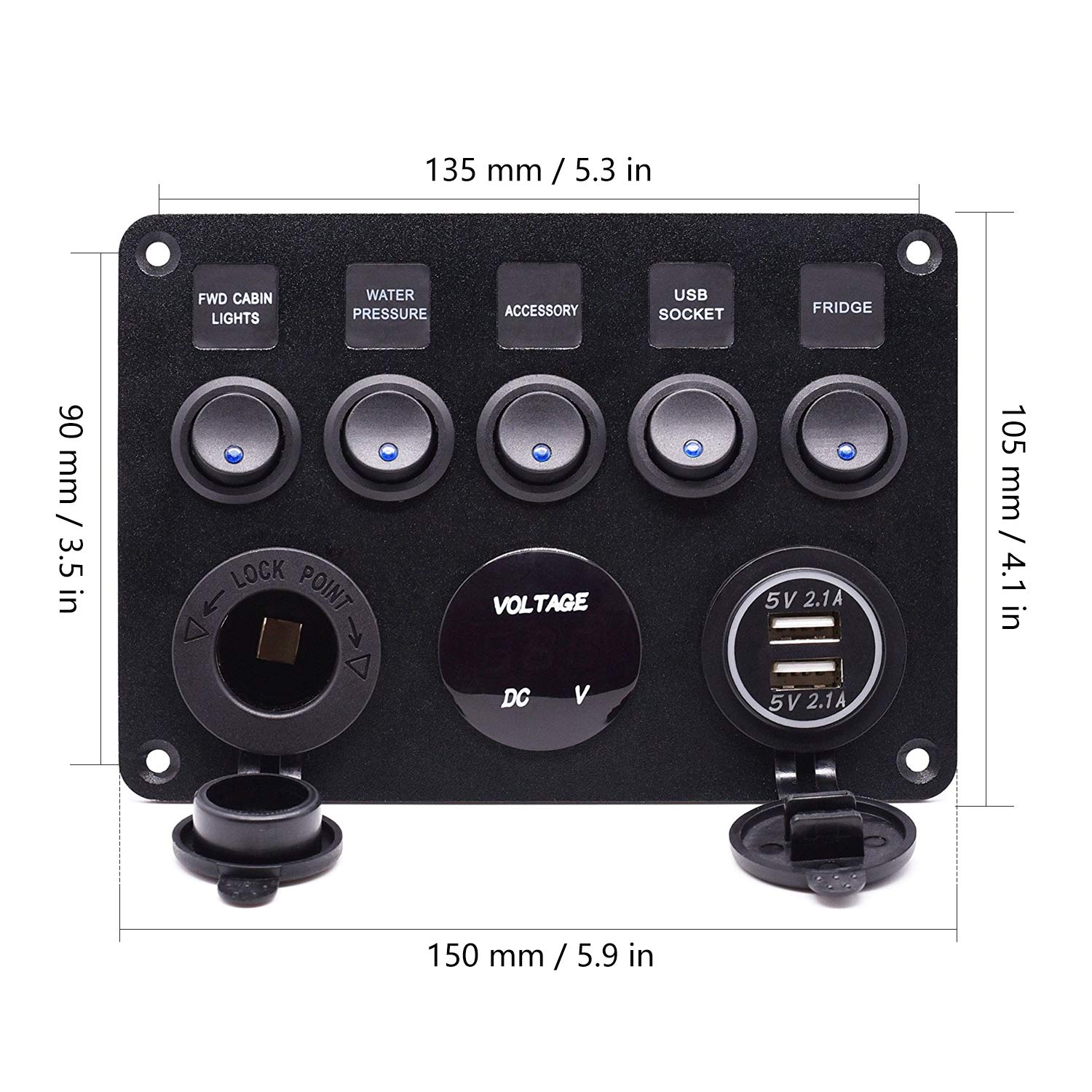 12V Pannello Interruttori Marine Barca Interruttore a levetta 2 Caricatore USB Accendisigari Voltmetro LED Digitale impermeabile (Blu)