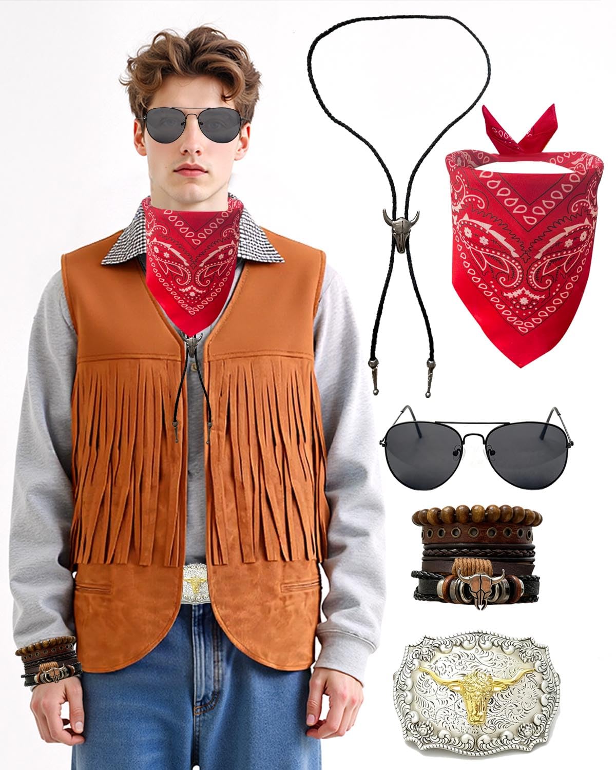 Cowboy Costume Men Adult - Western Cowboy Outfit with Tassel Vest Buckle Bandana for Halloween Party Rodeo