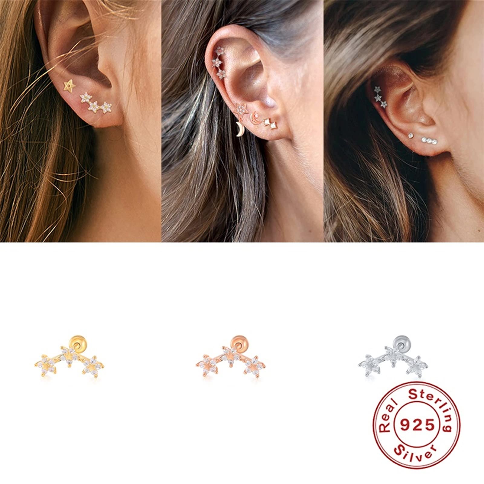 YCTTKDD 2 szt. Kolczyki do piercingu prawdziwe 925 srebro Bling cyrkon kolczyk na chrząstkę dla kobiet kość ucha przebita klamra yc628 (kolor klejnotu: 7 złoty kolor)