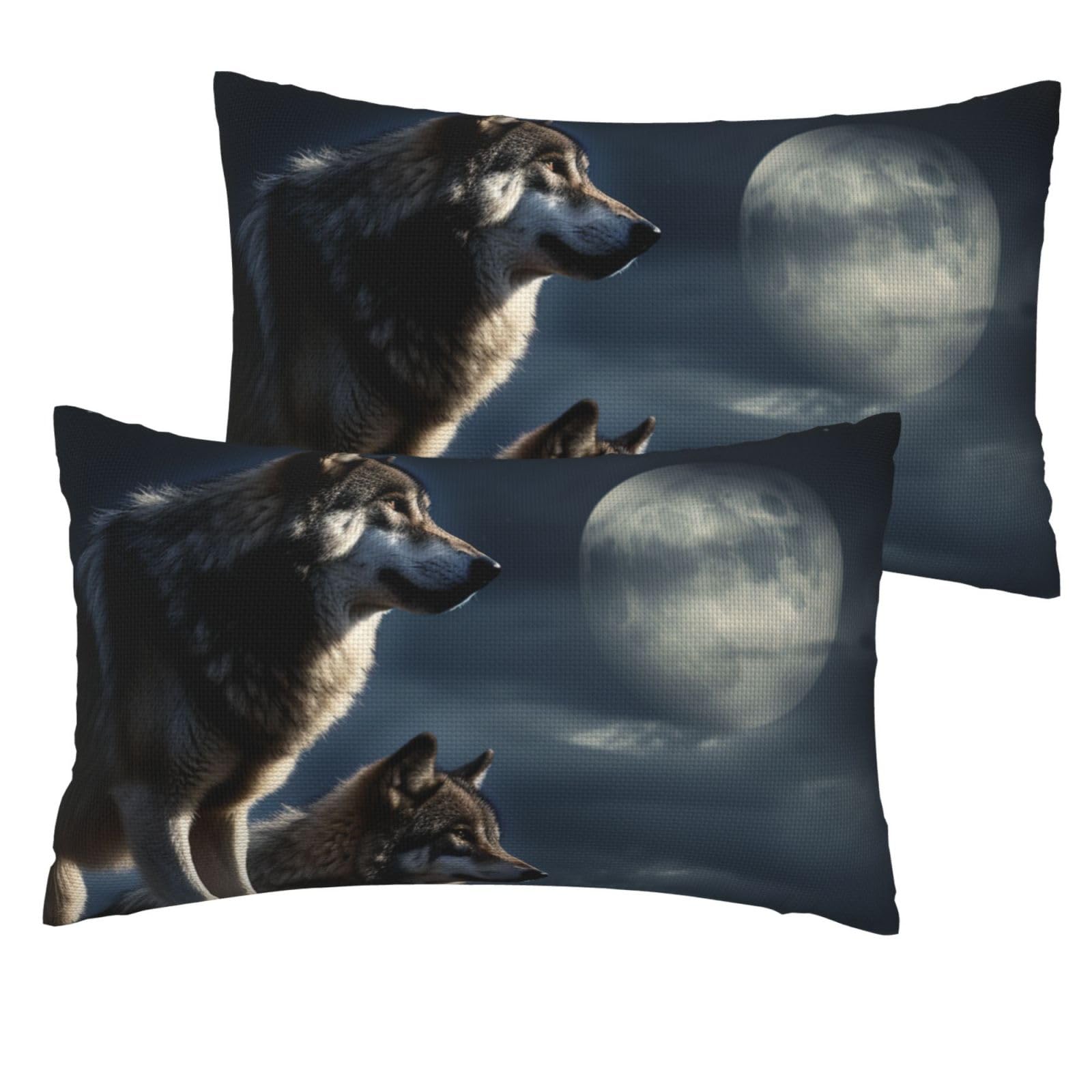 2 Pack Pillow Cases with Hidden Zipper, Soft Breathable Decorative Pillow Covers for Hair and Skin, Wolves in the Moonlight Pillowcases 12"x20" Bed Pillow Protectors Cover for Sleeping Gifts