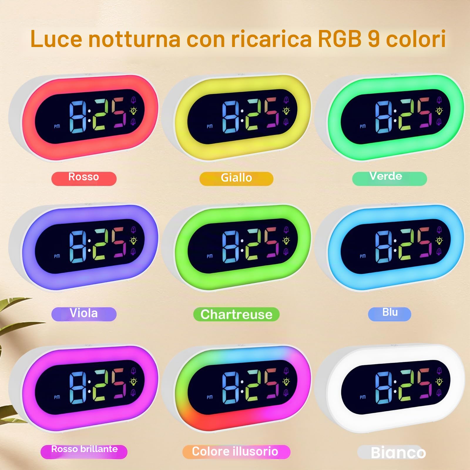 Seutgjie Sveglia Bambina, Sveglia Digitale da Comodino con Batteria USB Ricaricabile 2500mAh 9 RGB Luce Notturna Doppi Allarmi 18 Suonerie Modalità Snooze 12/24 ore Regalo Natale