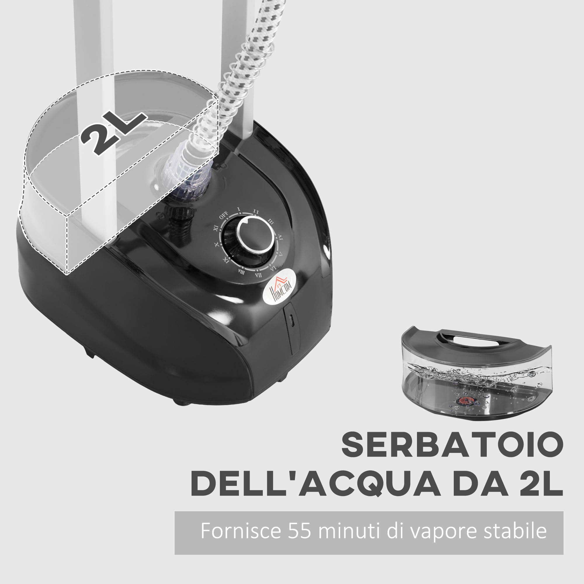 HOMCOM Stiratrice a Vapore, Ferro da Stiro Verticale da 2L, Potenza 1950W con 2 Aste Telescopiche, Stiratore Portatile, 35x25x23cm, Nero