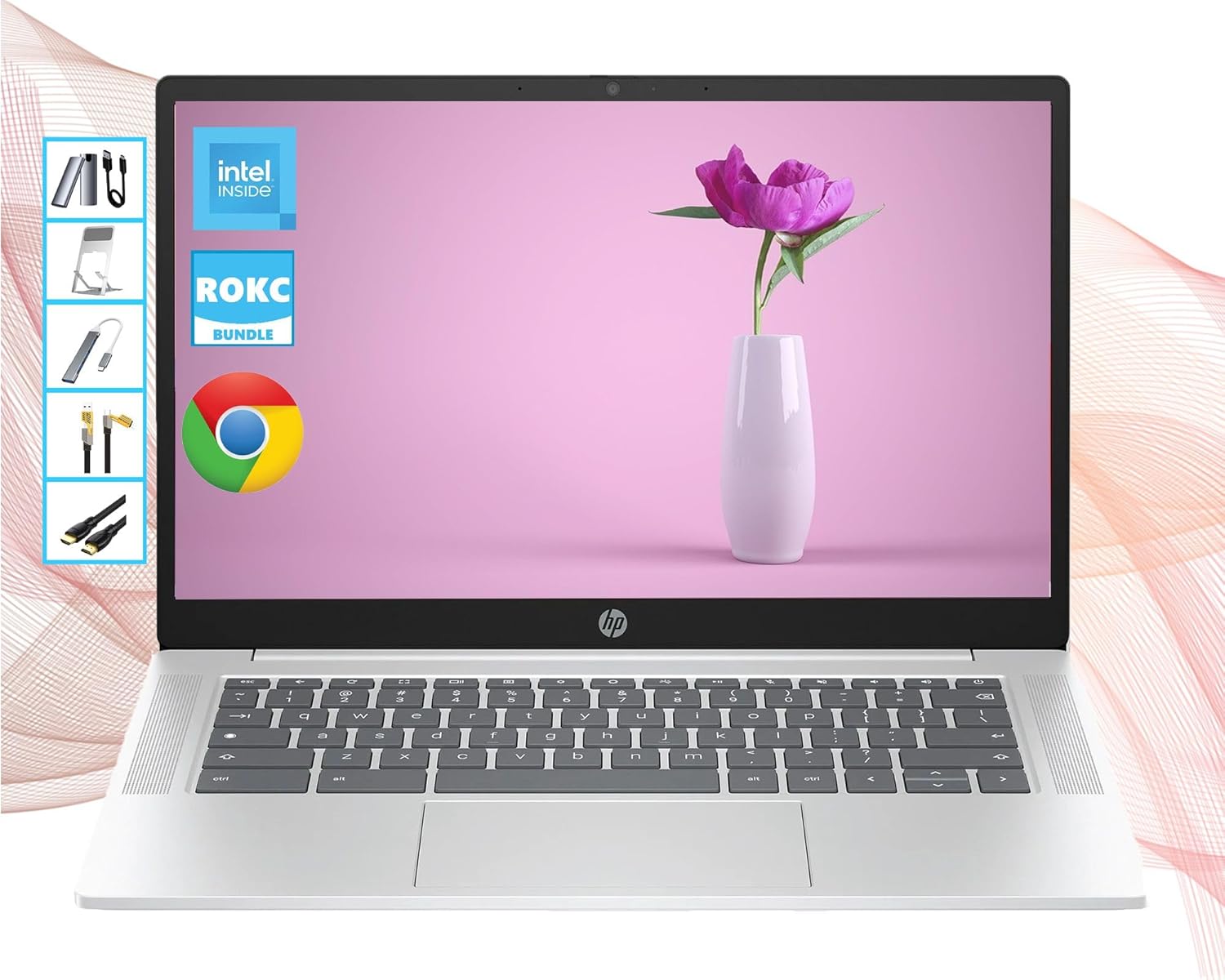 HP Chromebook with Gemini-AI Chrome OS | 14" HD Screen | 4GB LPDDR RAM | 128GB SSD & 128GB Portable SSD | Intel 4-Core CPU | Webcam | USB-C | Wi-Fi 6 | Ultra Light | Long Battery Life | RK Bundle