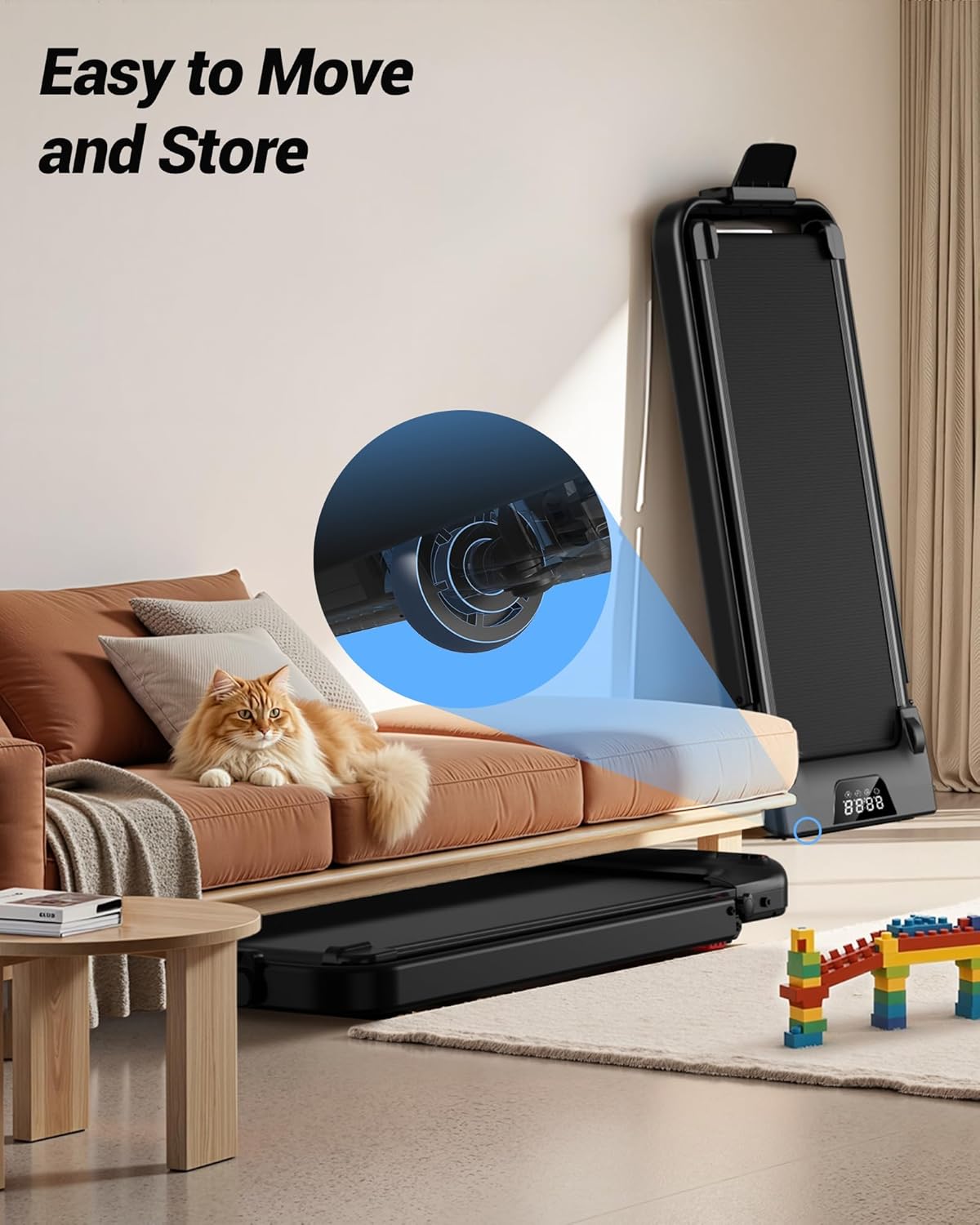 CURSOR FITNESS treadmill folded flat and stored under a sofa, with a cat resting on the sofa.