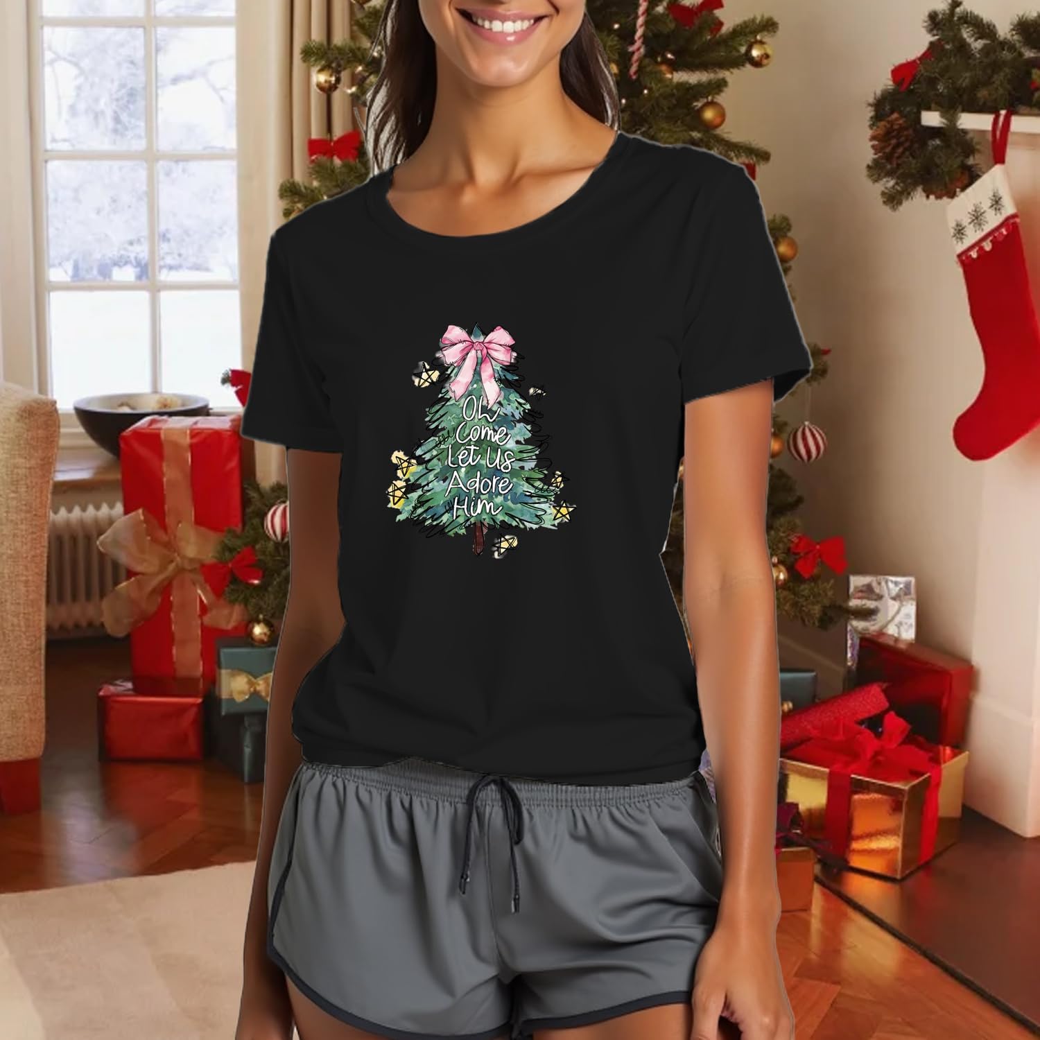 Christmas Shirts for Women Christian Bow Christmas Tree Tshirts Xmas Holiday Religious Tee Tops - Image 5