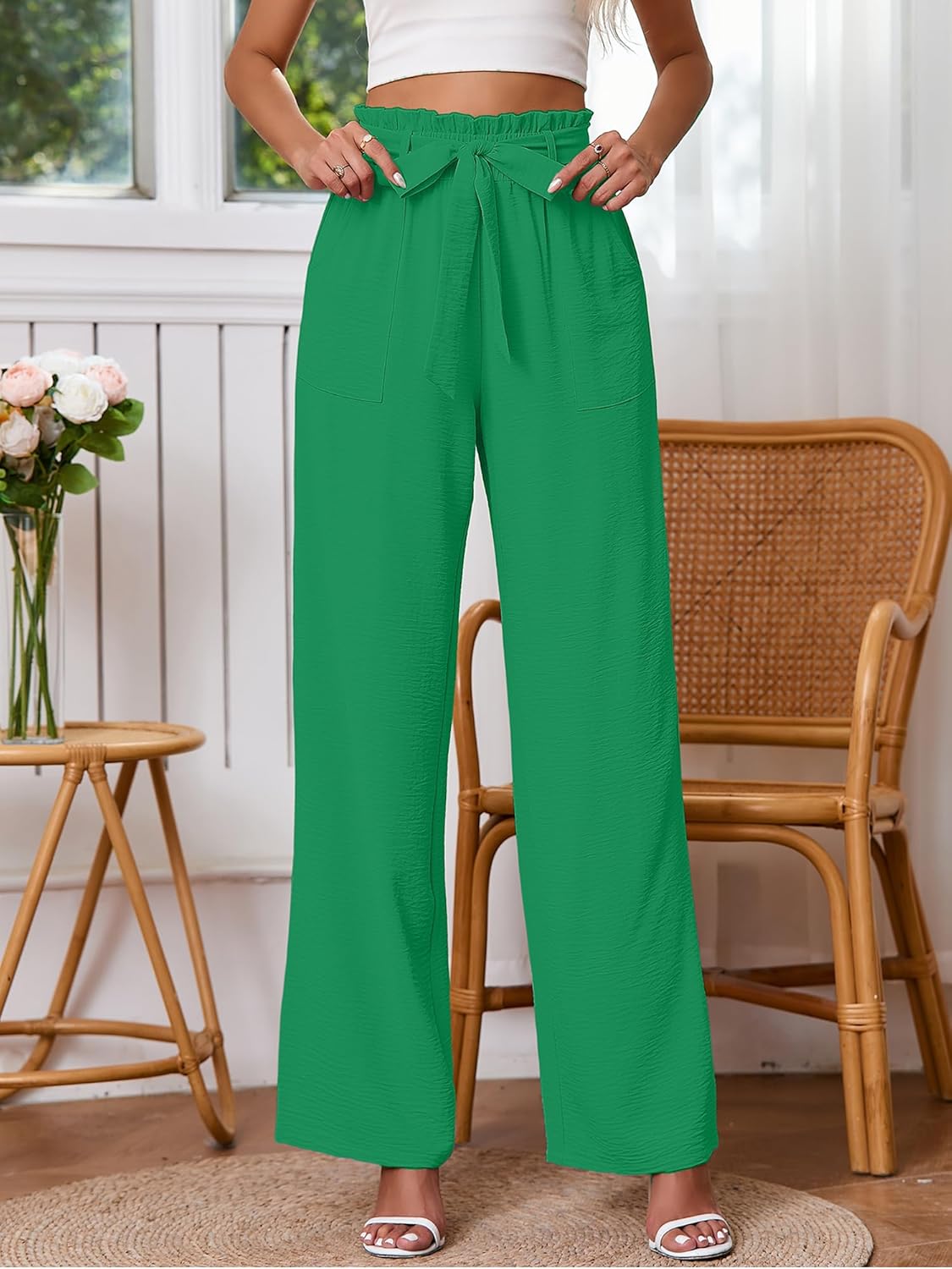 Heymoments Women's Wide Leg Lounge Pants Lightweight High Waisted Palazzo Adjustable Tie Knot Flowy Trousers with Pockets - Image 2