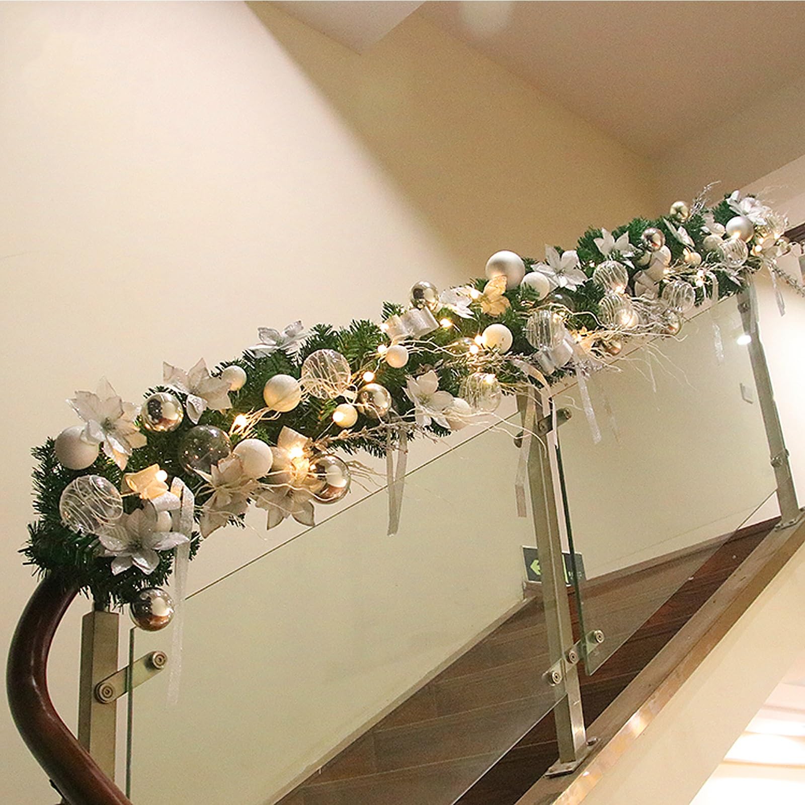 OPFdfhDFH Christmas wreaths, 8. Ft Christmas Garland - Dense Norfolk Realistic Touch Garland- Artificial Rattan for Holiday Mantle Fireplace Table Stairs Home Decor(Silver)