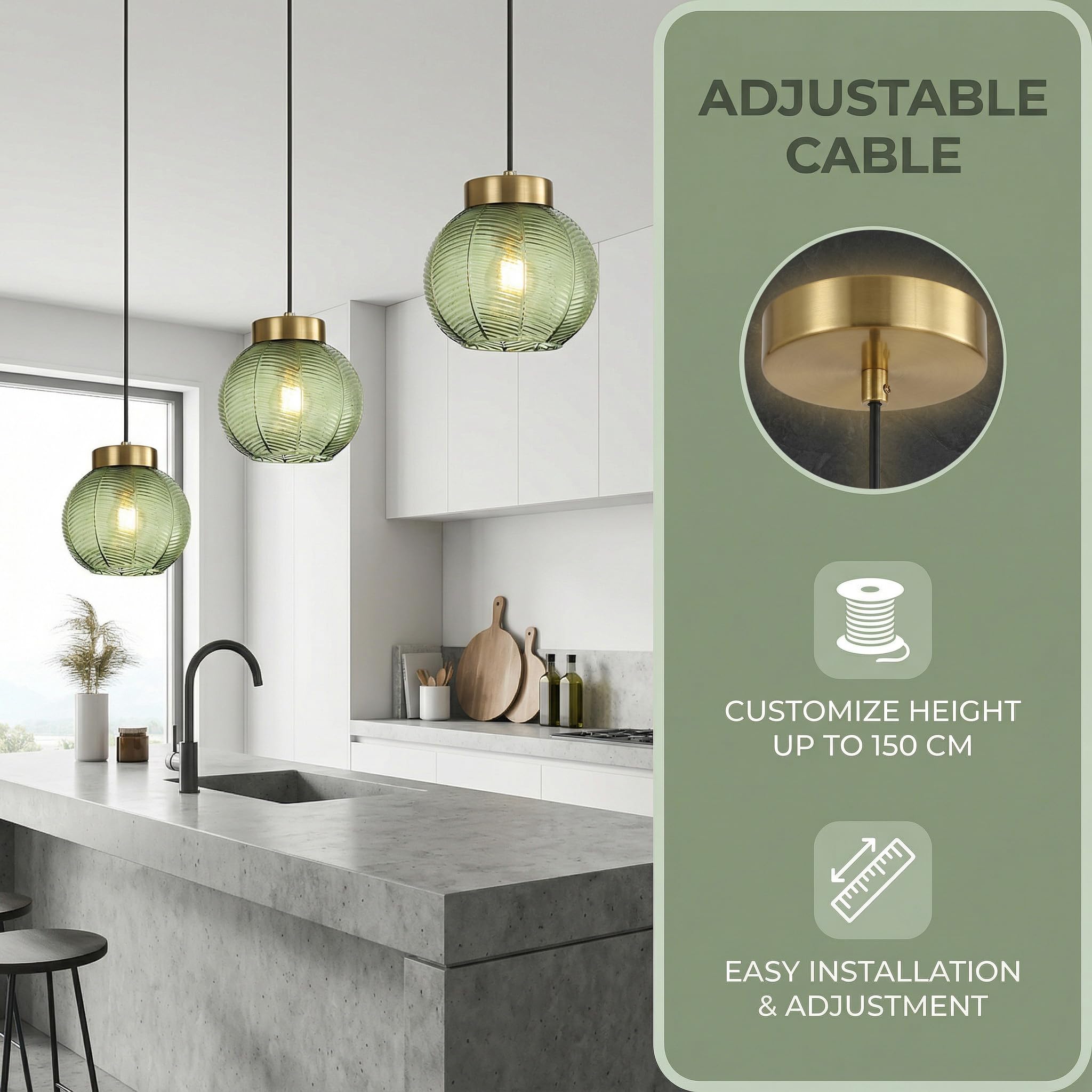 Lampada a Sospensione Vintage,Sfere in Vetro con Venature Fogliari, Metallo Oro E27 Lampadario Sospeso da Soffitto per Camera da letto, Sala da pranzo, Loft e Ristoranti (Verde, 20cm)