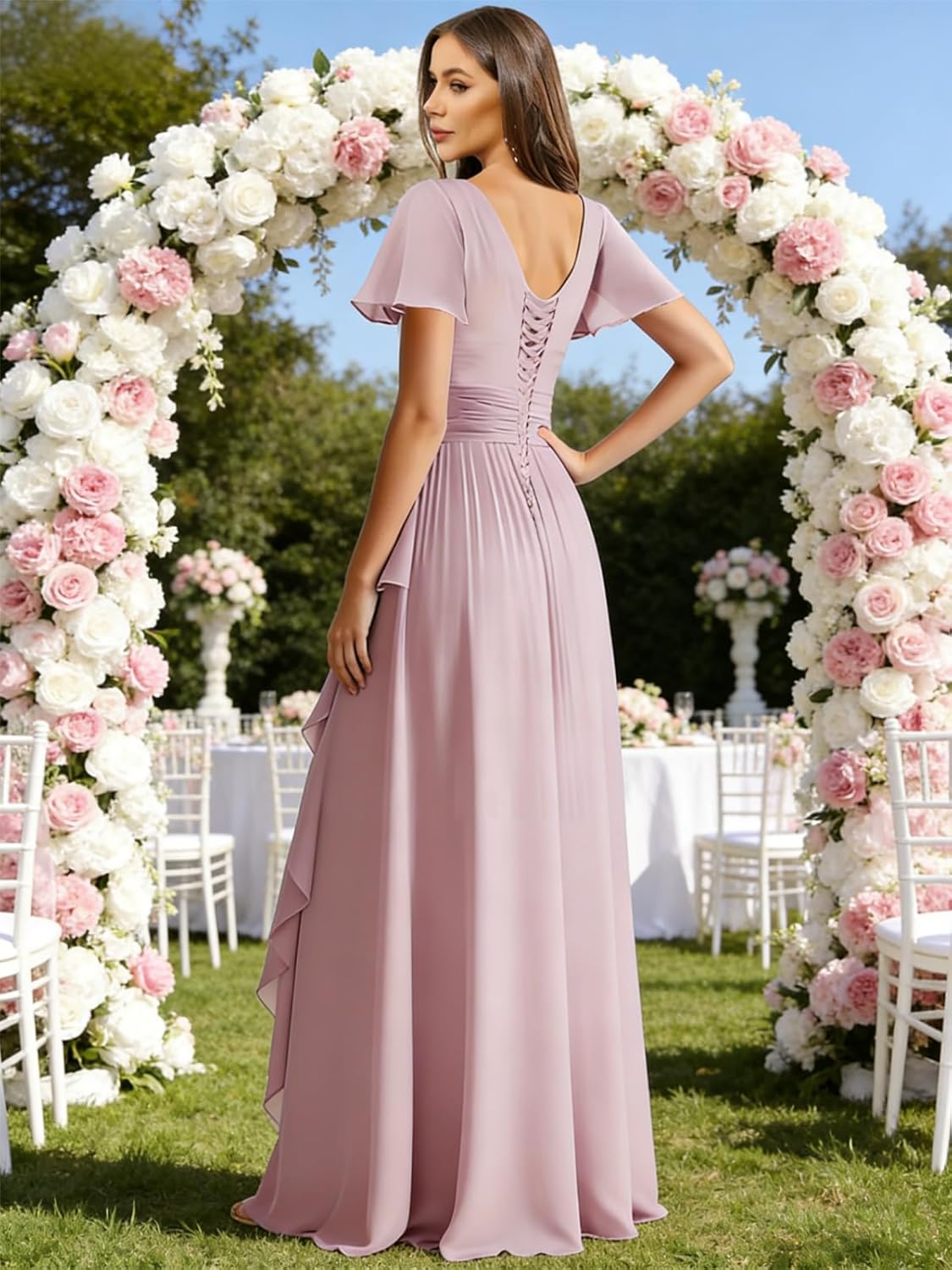 Short Sleeve Bridesmaid Dresses for Women Chiffon V Neck Pleated Long Formal Wedding Party Gowns with Ruffles