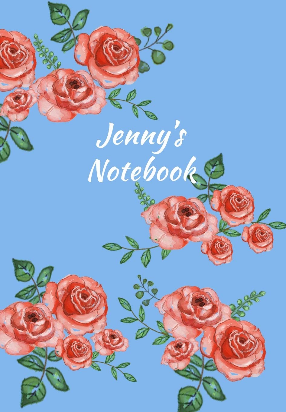 Jenny's Notebook: Personalized Journal - Garden Flowers Pattern. Red Rose Blooms on Baby Blue Cover. Dot Grid Notebook for Notes, Journaling. Floral Watercolor Design with First Name