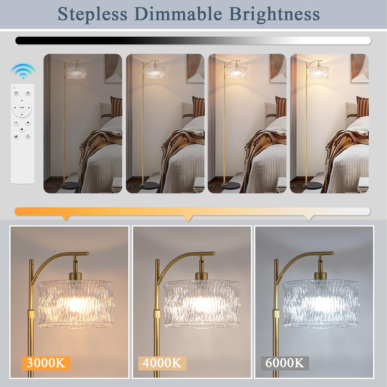 Dimmable Glass Floor Lamp for Living Room, Modern Gold Standing Lamp with Remote Control, Vintage Clear Glass Lampshade Tall Lamp for Bedroom Study Room(LED Bulb Included)