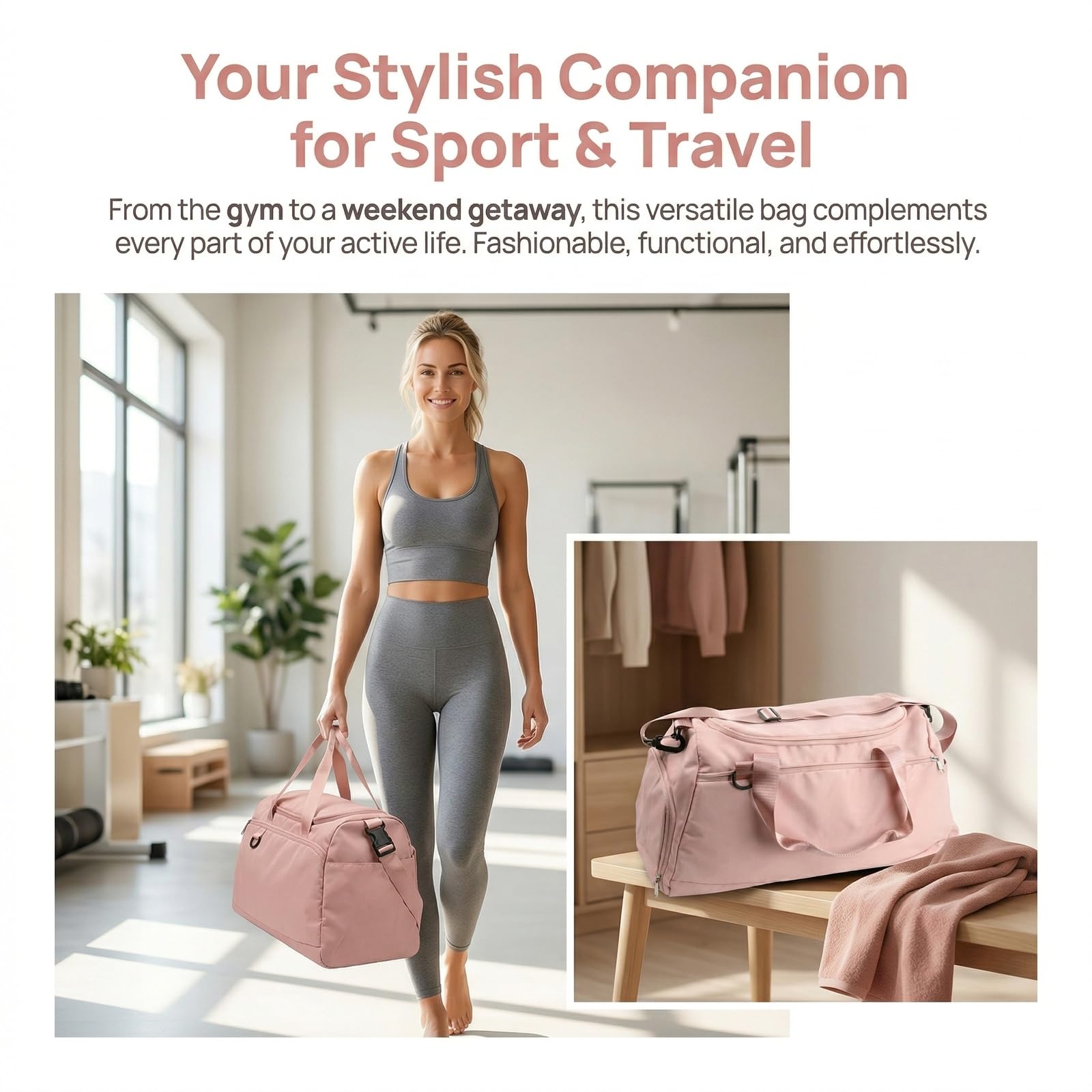 Sac de Sport Imperméable 36-55L 51x28x25cm avec Compartiments Chaussures et Poche Humide Duffel Gym Bag Rose