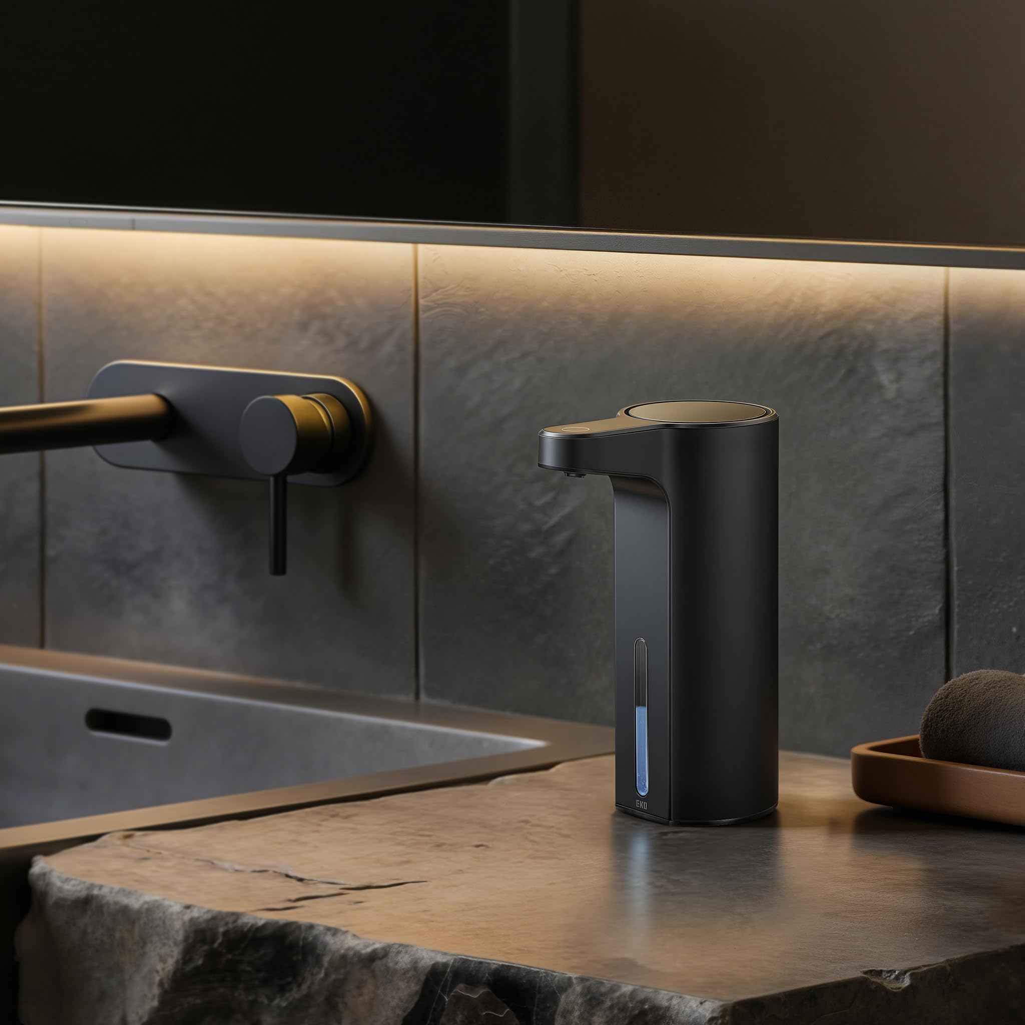 EKO Aroma - Dispensador automático de jabón líquido, Recargable y Resistente al Agua para Cocina y baño con Control de Volumen Ajustable (Acero Negro Mate)