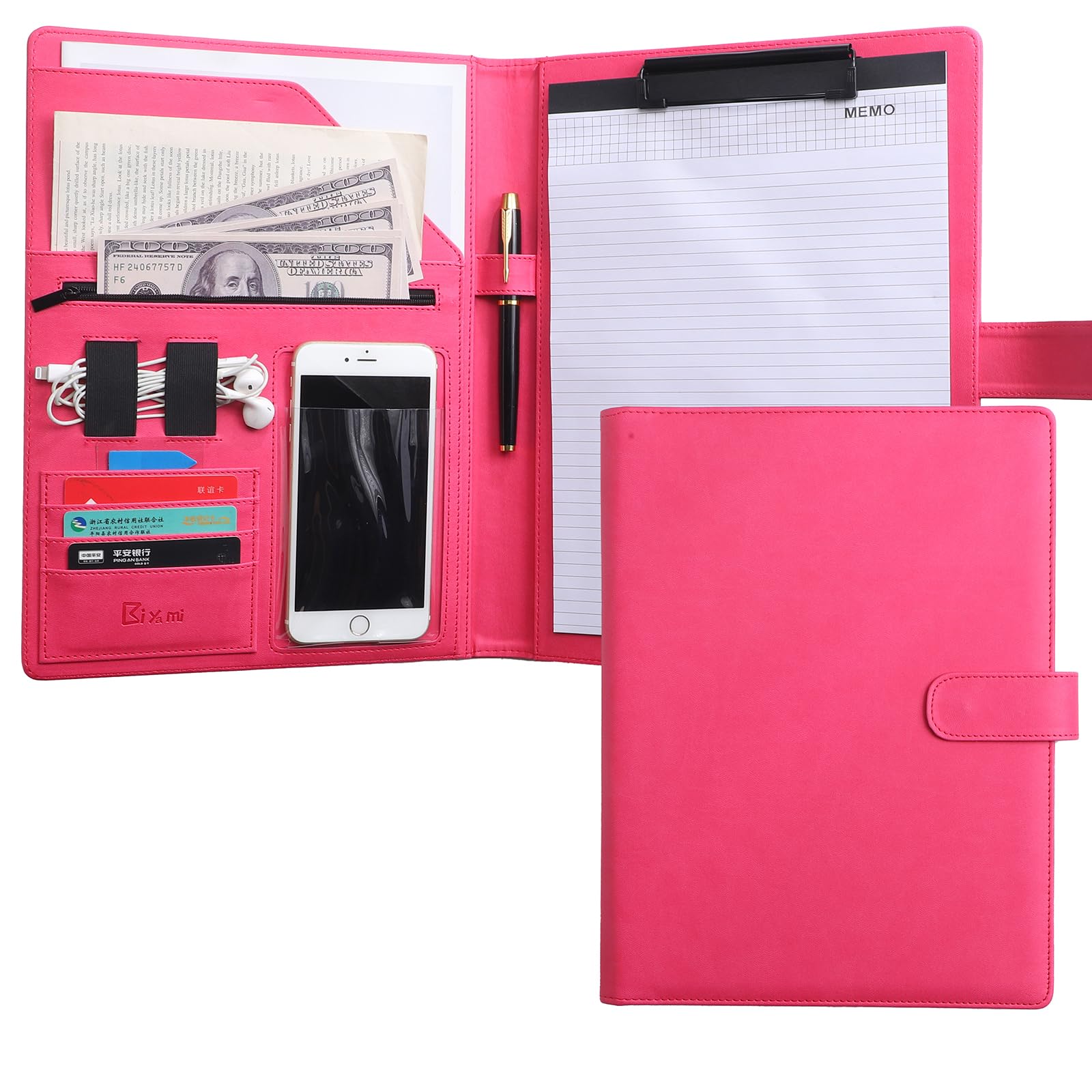 12.8 * 9.6 inch Portfolio Case Business Padfolio, Smart Phone is Usable in Document Organizer, Conference File Folder with A4/Letter Size Clipboard and Notepad - Hot Pink