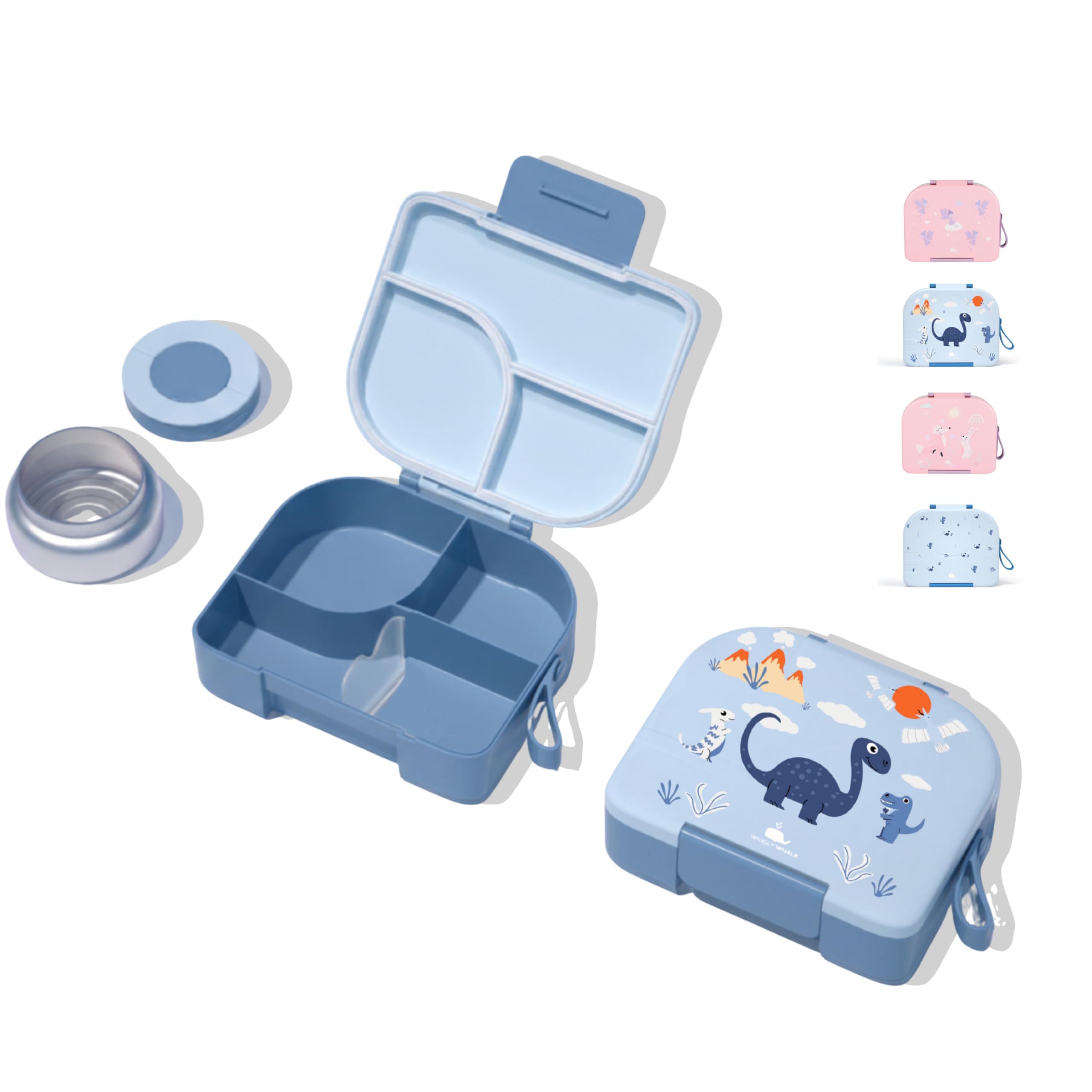 Wiggly Whale Bento Lunch Box for Kids – 1600ml with 4 Compartments & Stainless Steel Food Jar, Leak-Proof, BPA-Free, Lightweight School Lunch Box (Blue)