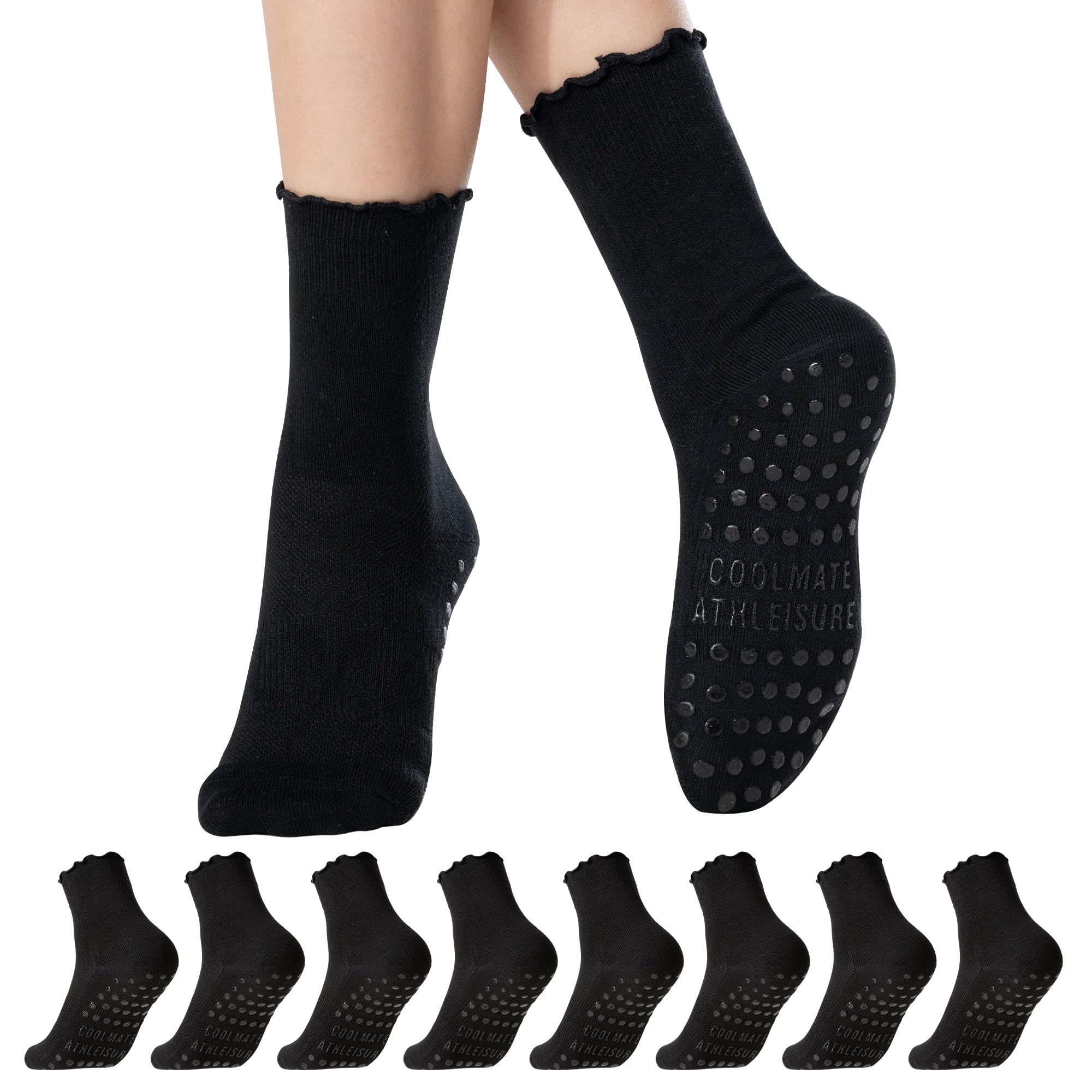 CoolMate Pilates Socks - Non Slip Grip Socks for Women, Ruffle, Crew