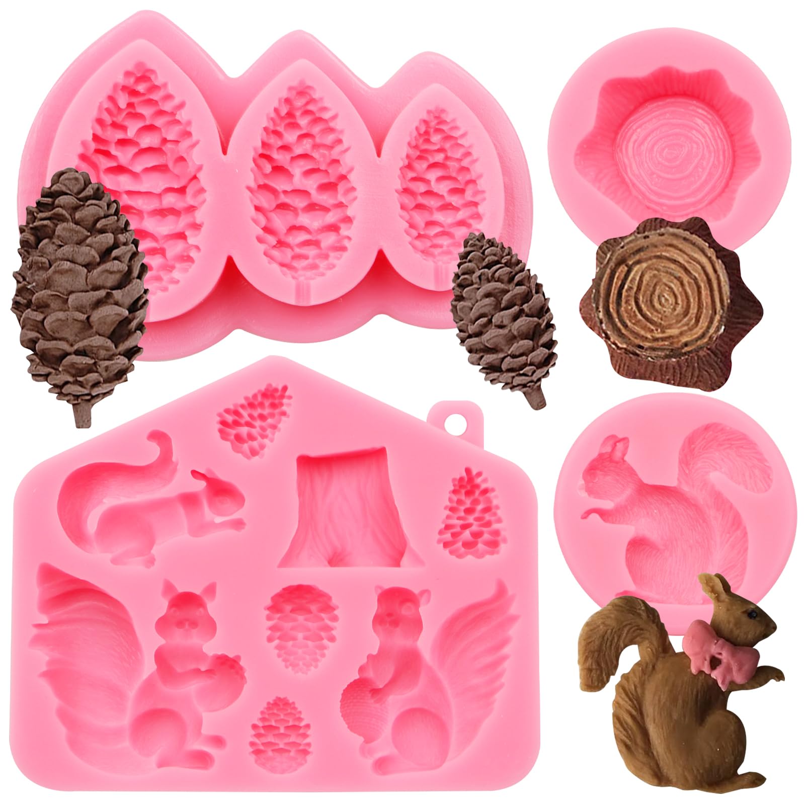 Décoration Gâteau Forêt Moules En Silicone Animaux Forêt - Écureuil, Pomme De Pin, Souche Et Tronc Silicone Alimentaire Résistant Chaleur