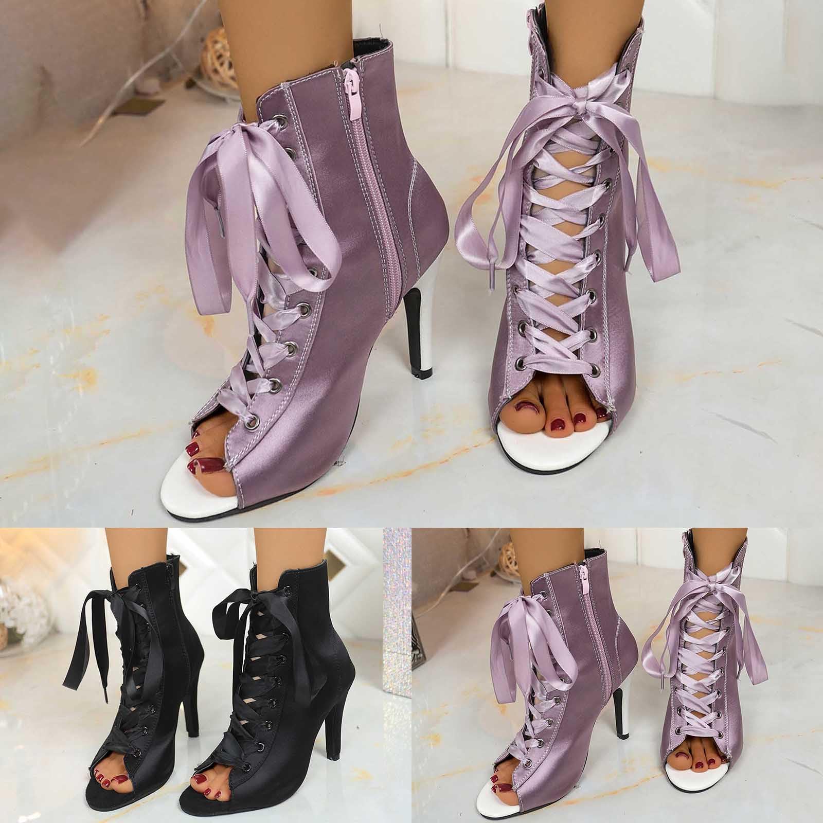 Scarpe da donna glitterate a bocca di pesce, con tacco a spillo, con lacci, eleganti stivaletti alla caviglia, scarpe da ballo per feste, matrimoni, tempo libero, comode scarpe estive