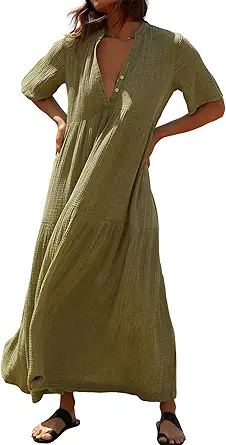 R.Vivimos Womens Summer Cotton Flowy Maxi Dress Short Sleeve V Neck Empire Waist Boho Tiered Ruffle Casual Loose Long Dresses