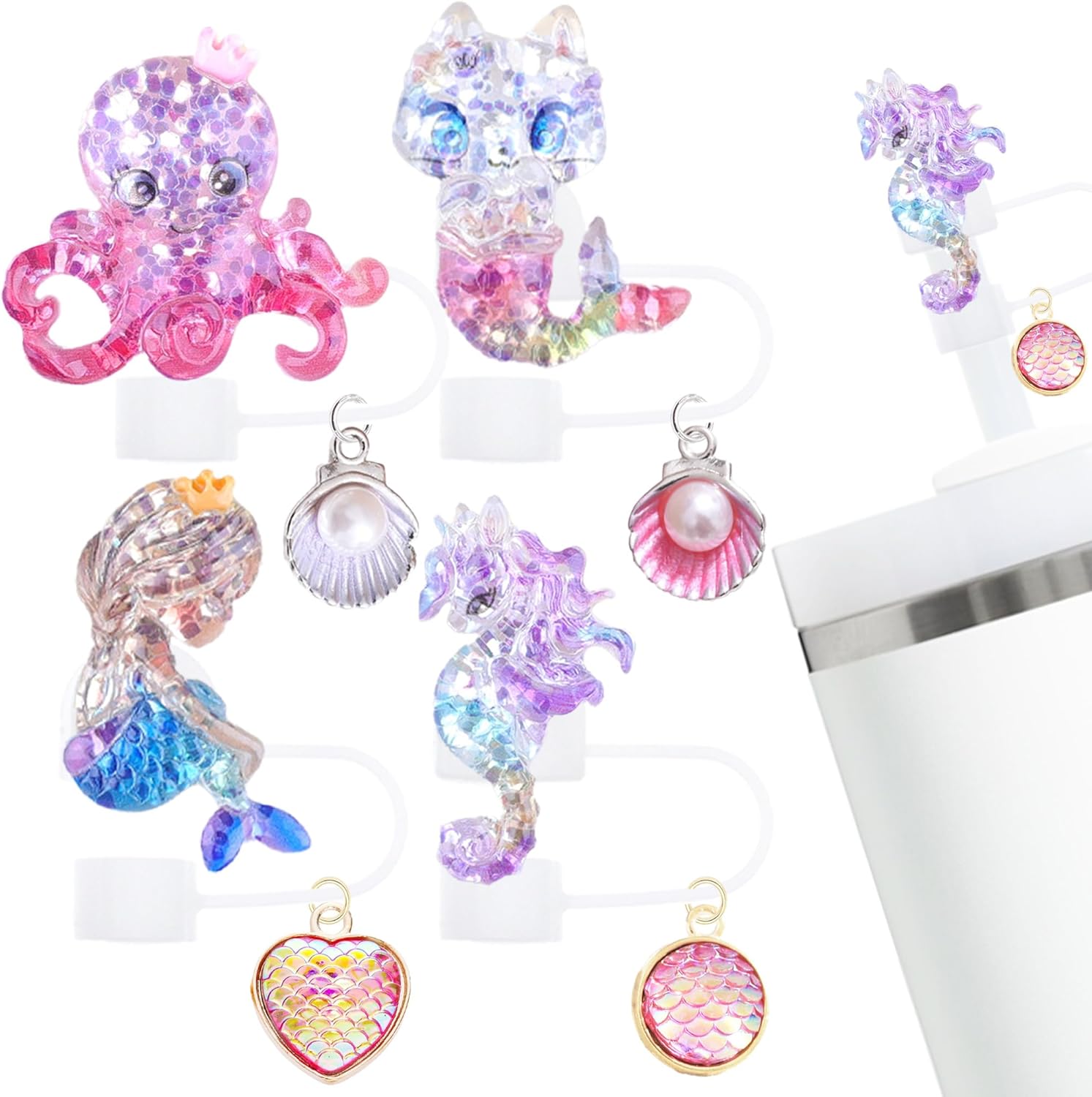 Straw Toppers Set, Mermaid Straw Covers Cap with Clip-on Bling Charms for 30oz 40 0z Stanley Tumblers, 10mm Cute and Shiny Modern Simple Tips Stanley Accessories