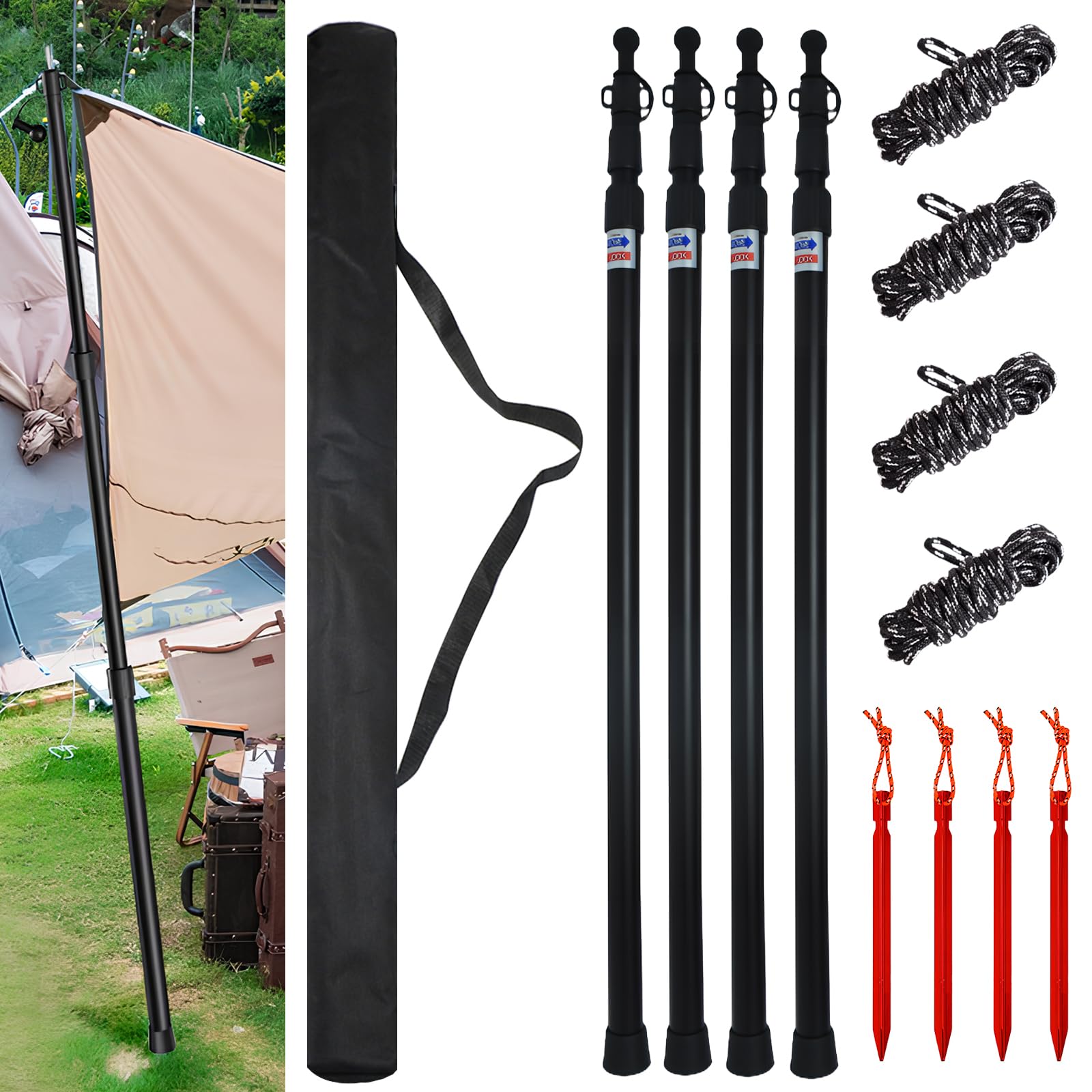 Bostar 4 PCS Palo Toldo Ajustable 90-230CM con Tapa de Goma Ancha Extensible Toldo Aluminio para Camping Barras de Tienda de Campaña de Aluminio para Furgonetas Camper