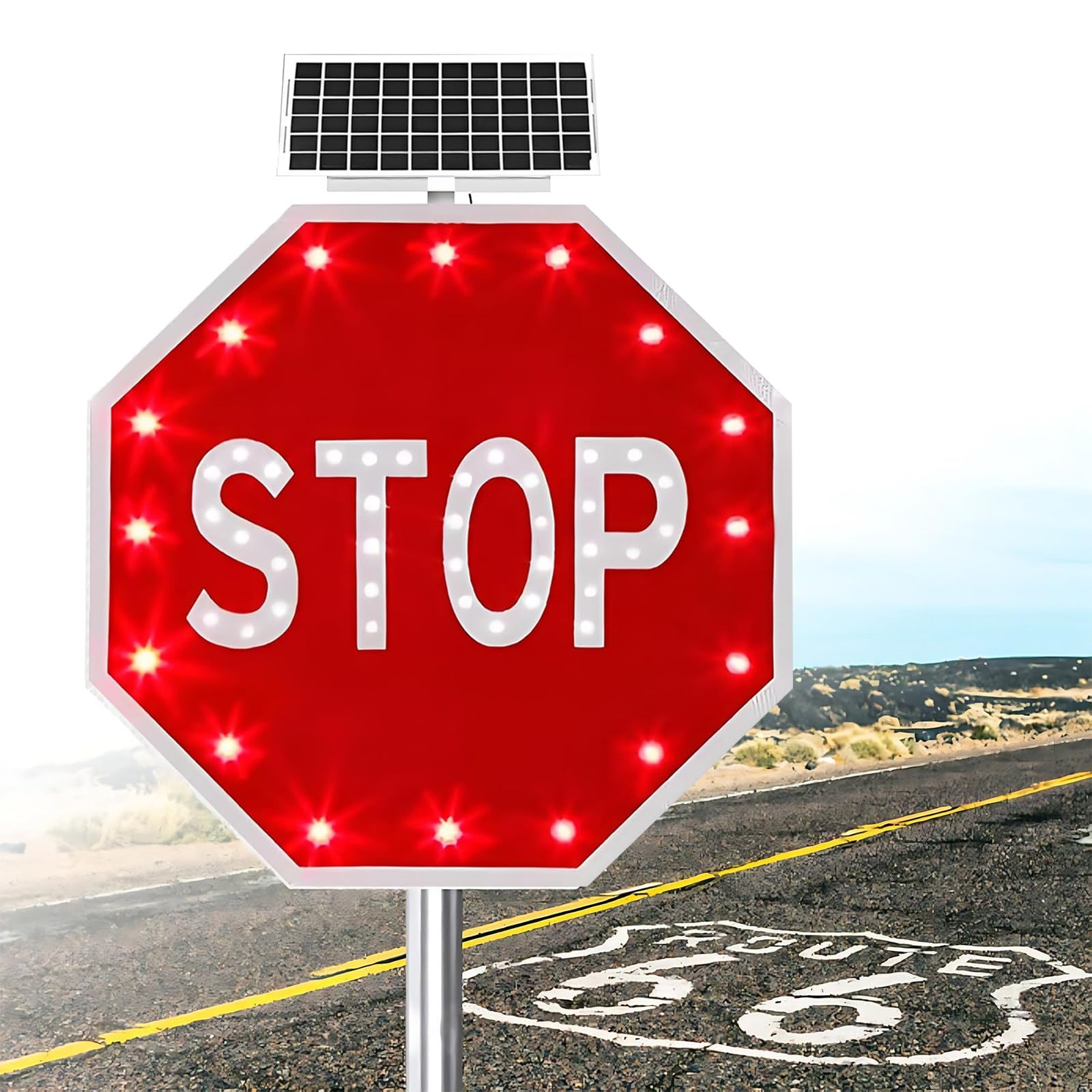 Seguridad Vial Señal De Stop, Señales De Alto Solares De 60x 60/80x80cm, Aluminio Inoxidable, Reflectante, Con Luces Solares Intermitentes, Control Inteligente Del Sensor De Luz(80 * 80cm/31.5in)