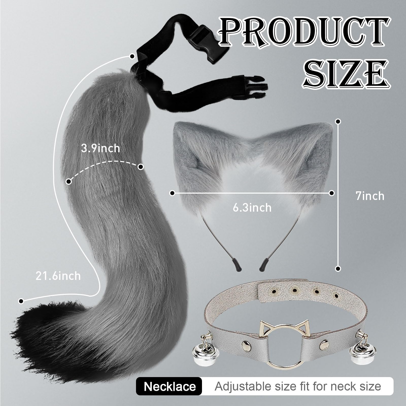 Hyuetrsa 3 Pcs Cat Ears and Wolf Fox Animal Tail Cosplay Costume Grey, Costume Halloween Leather Neck Chocker Set, Animal Cosplay Party Costume