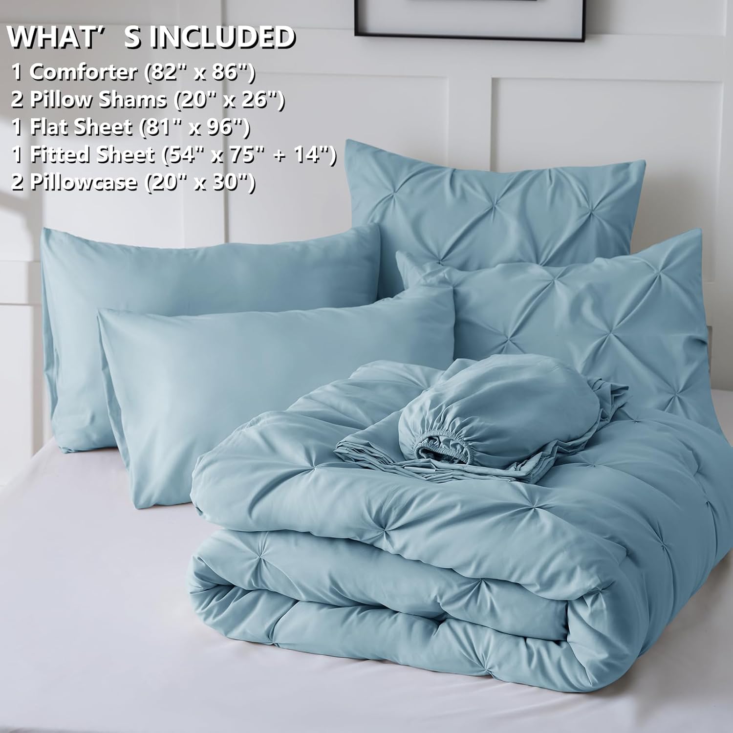 CozyLux Full Size Comforter Sets Light Blue, 7 Pieces Pintuck Bed in A Bag Blue Comforter Full Size, Pinch Pleat Bedding Sets with All Season Comforter, Sheets, Pillowcases & Shams - Image 7