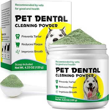 Dental Powder for Dogs, 120g Dog Teeth Cleaning Powder, Reduces Plaque, Prevents Tartar, Improves Breath, Pet Dental Care Supplement for All Ages