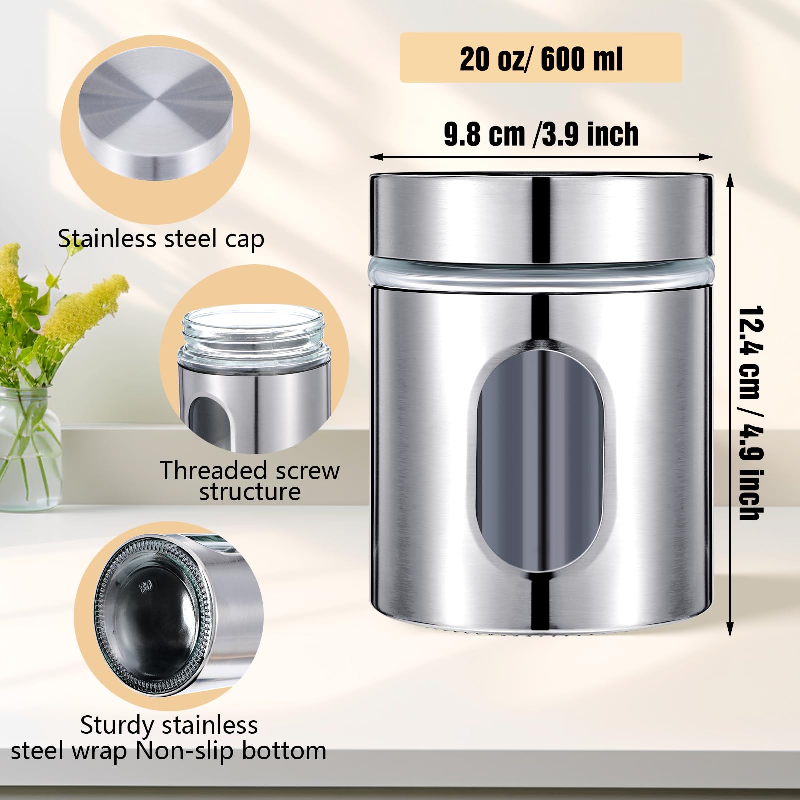 4-teiliges Küchendosen-Set, Edelstahl, Glasdosen, luftdicht, für Kaffee, Zucker, Tee, Süßigkeiten, Lebensmittelbehälter mit Deckel, für Mehl, Kekse, Gewürze, Körner, Küche, Backen, Heimdekoration