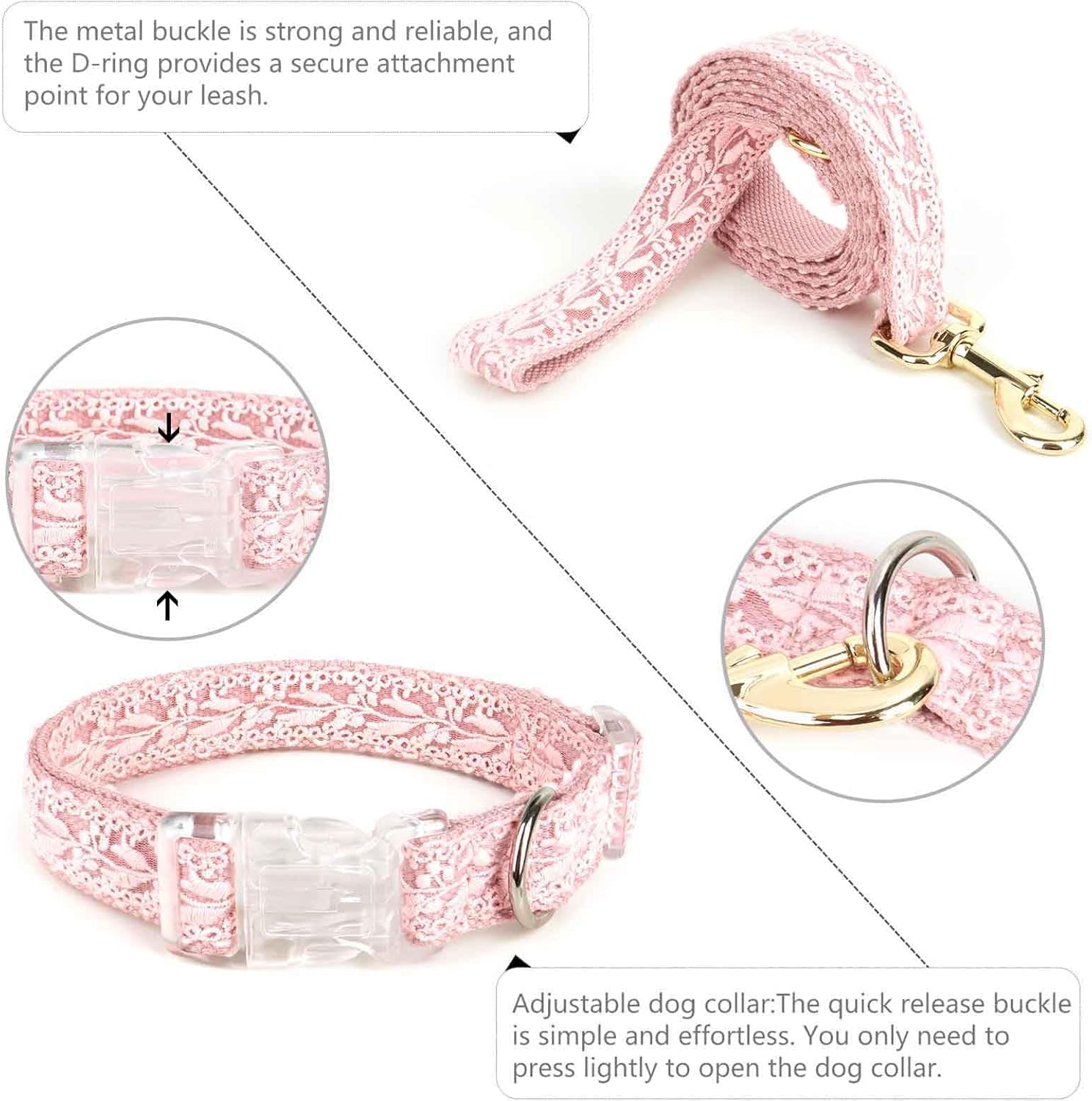 obroża dla zwierząt, Zestaw obroży i smyczy dla psa z koronki Bawełniana obroża szczeniaka Ręcznie haftowana kwiatkiem(Pink,S)